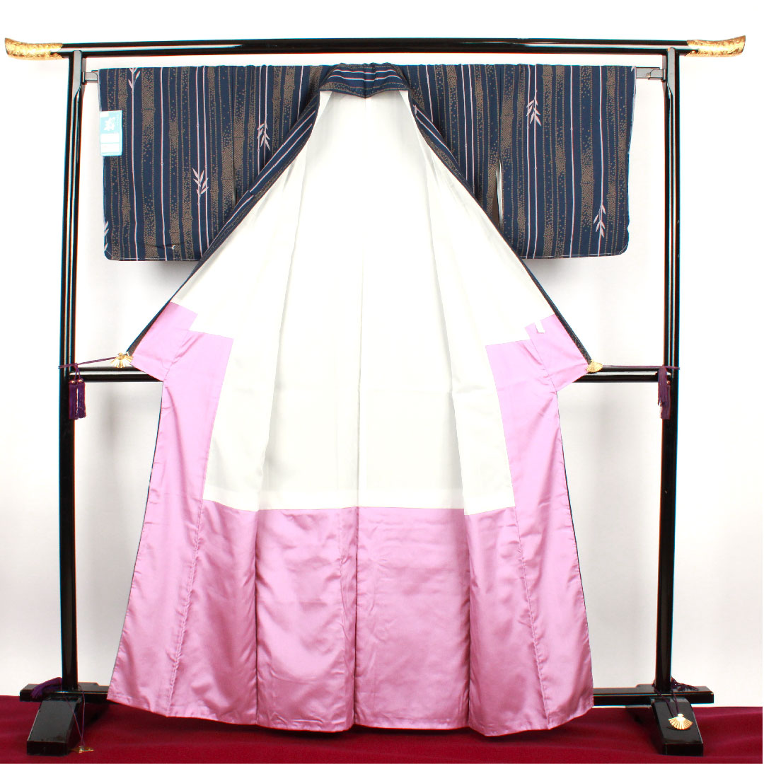 小紋 身丈163cm 裄丈67.5cm 袷 紺青色 洗える着物 竹 ポリ Sランク 紺系 1115002112418