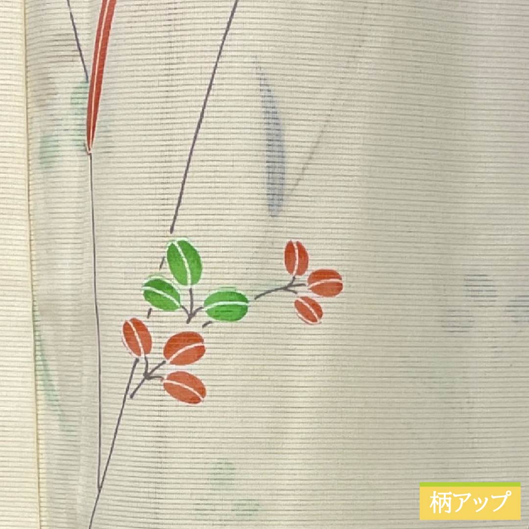 夏物 ポリエステル 小紋 Aランク 身丈163.5cm 裄丈64cm 白百合色(しらゆりいろ) 草花模様 絽 黄系 1132004513423