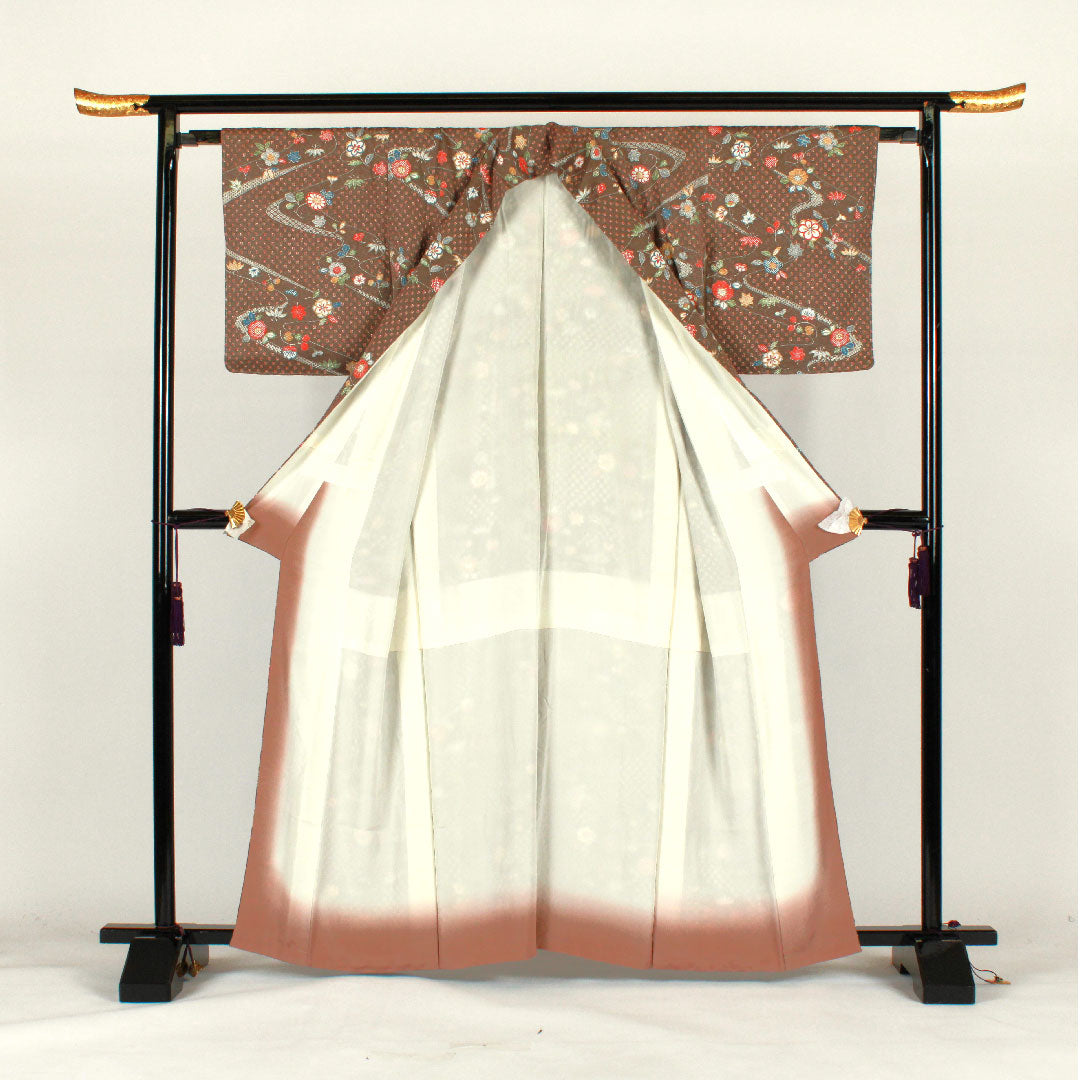 小紋 身丈164cm 裄丈65cm 袷 絞り 流水 花模様 正絹 Sランク 茶系 1115001382414