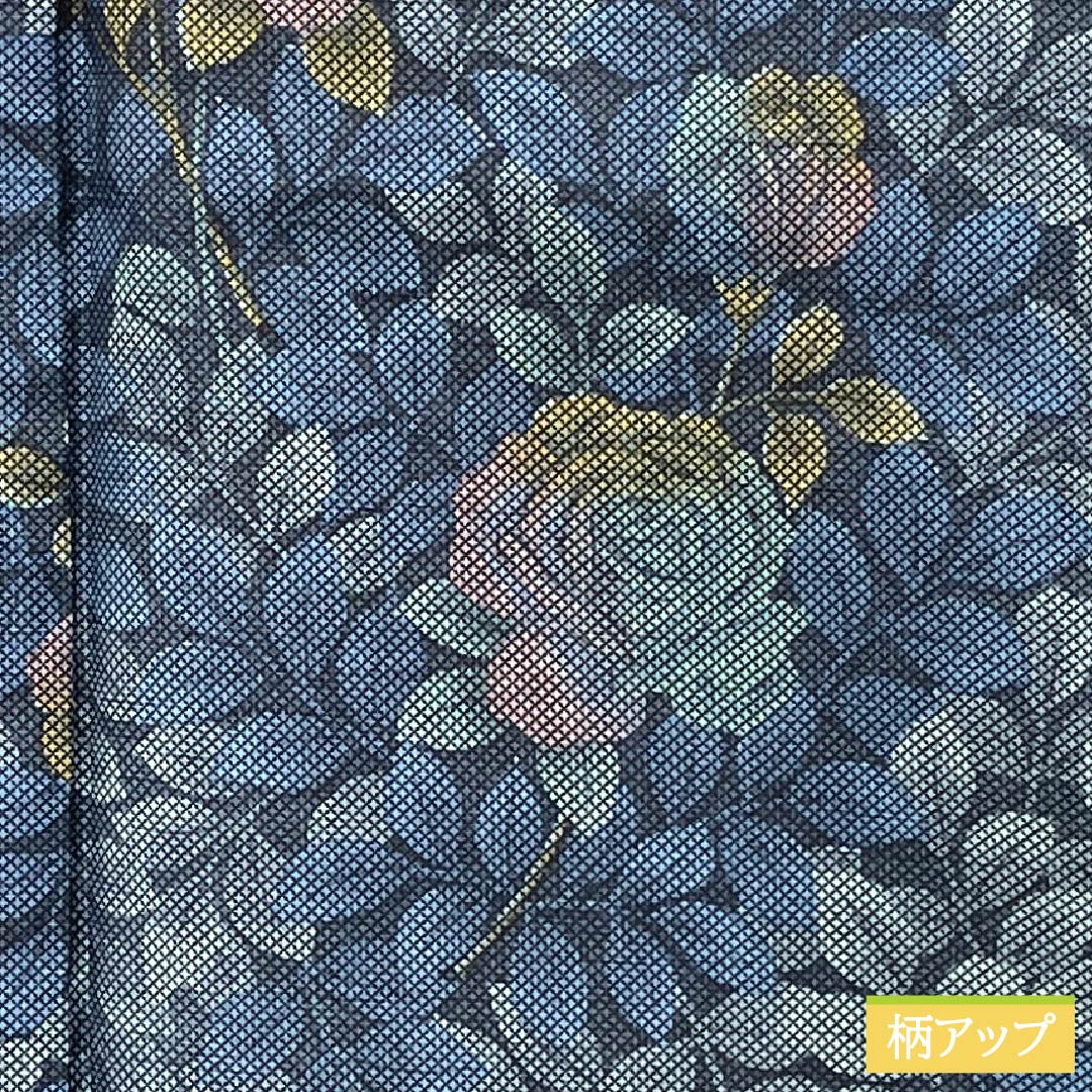Pure silk tsumugi (pongee) kimono, Grade A, length 171.5cm, sleeve length 68cm, navy blue, rose and leaf motifs, basting thread included, lined, navy blue, product number 1116004373618