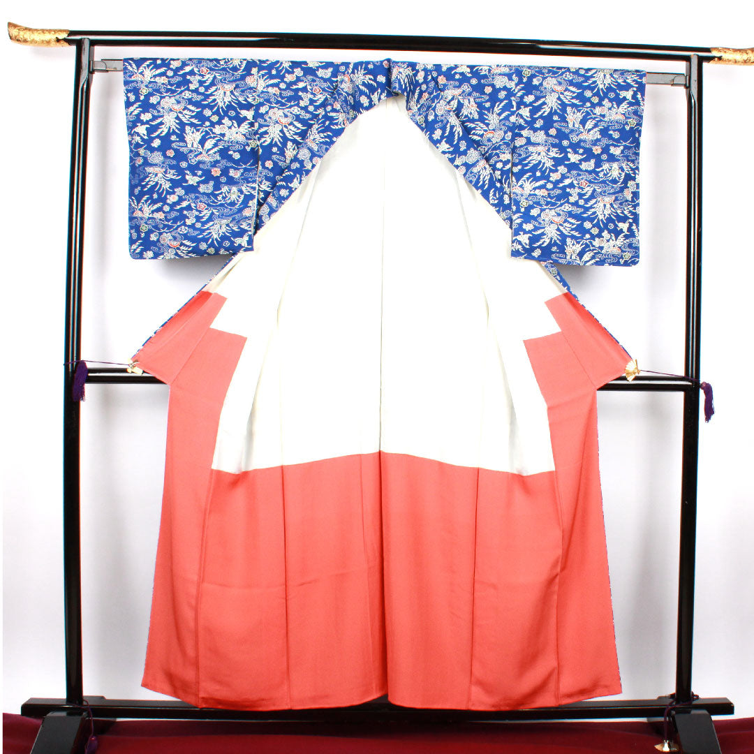 小紋 身丈157.5cm 裄丈61cm 袷 瑠璃紺色 型染 草花模様 正絹 Sランク 青系 1115002202317