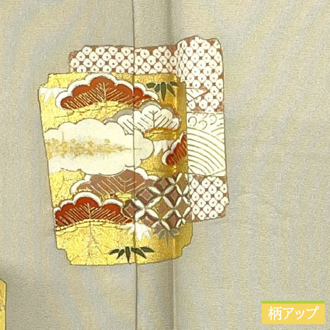 訪問着 正絹 袷 身丈167.5cm 裄丈66.5cm 生成り色(きなりいろ) 京友禅 吉祥文様 付下げ Aランク グレー系 1112005703522