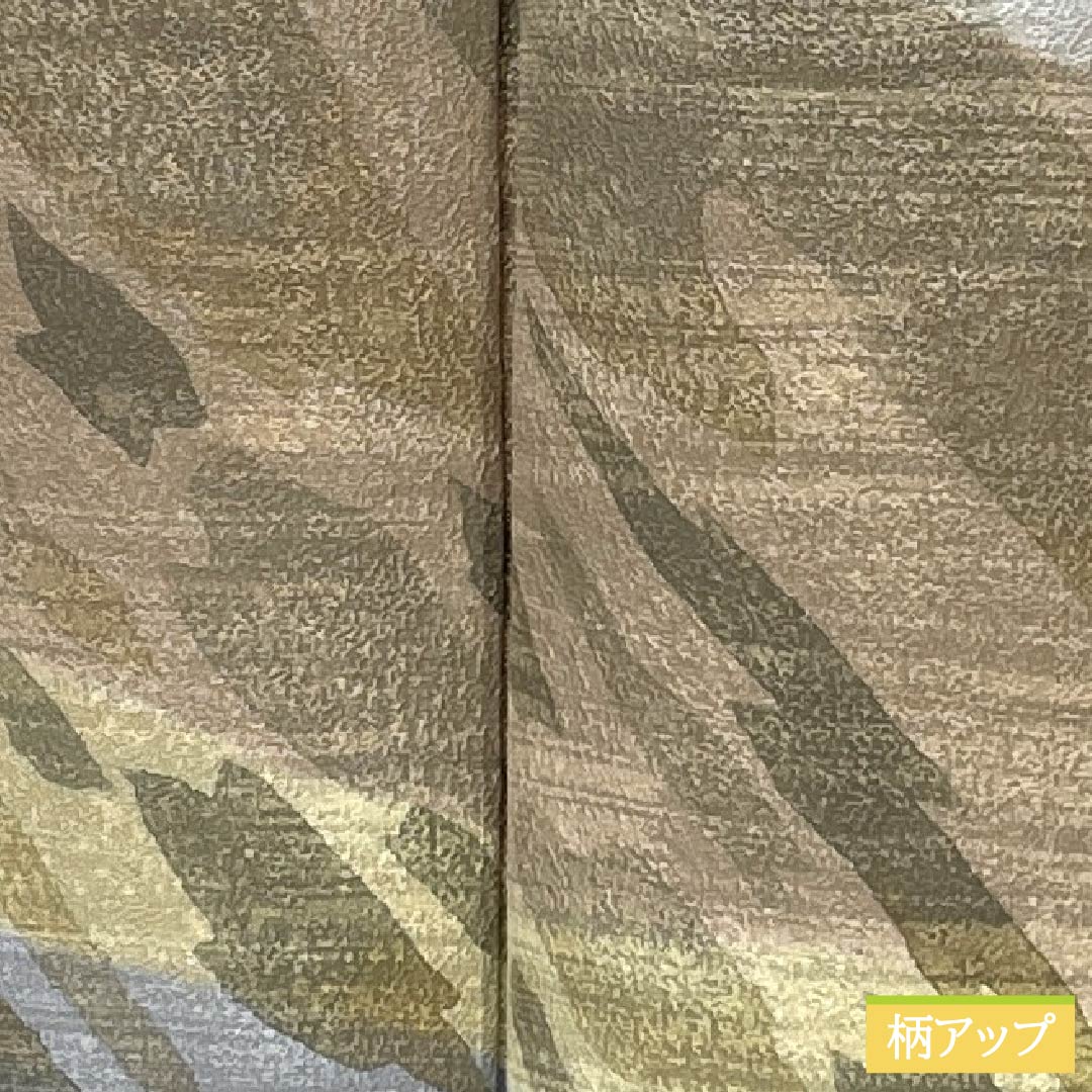 Visiting Kimono, Pure Silk, Grade A, Lined, Length 164.5cm, Sleeve Length 63cm, Light Fallen Leaf Green (Usukuchibaiiro) with Abstract Pattern, Beige, Product Number: 1112007463425