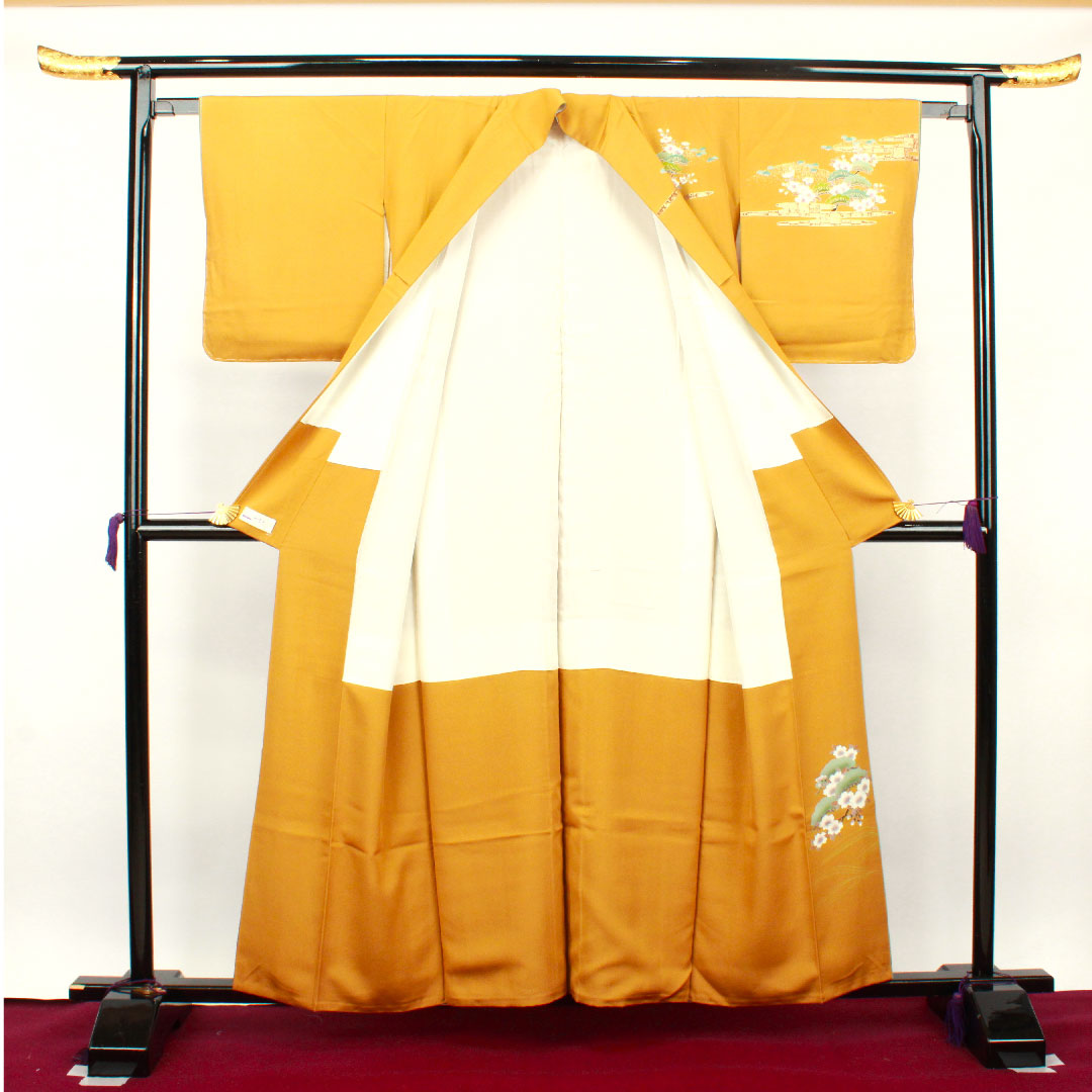 Homongi, lined, length 158.5cm, sleeve length 61.5cm, tan, Kyo-Yuzen, cherry blossom, pure silk, S rank, yellow, 1112002212323