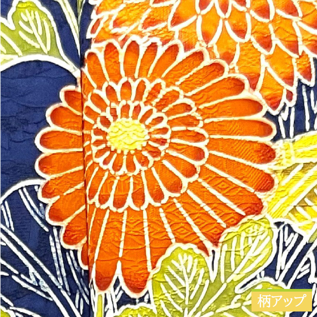 Homongi, pure silk, lined, length 168cm, sleeve length 63.5cm, deep bellflower color, Kyoto Yuzen, chrysanthemum, plum, A rank, navy blue, 1112003393518