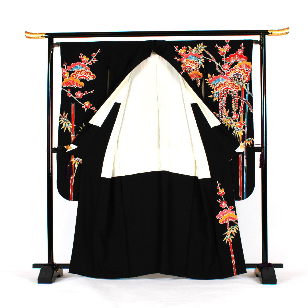 振袖 身丈166cm 裄丈67cm 袷 京紅型 松竹梅模様 正絹 Aランク 黒系 1113000523510