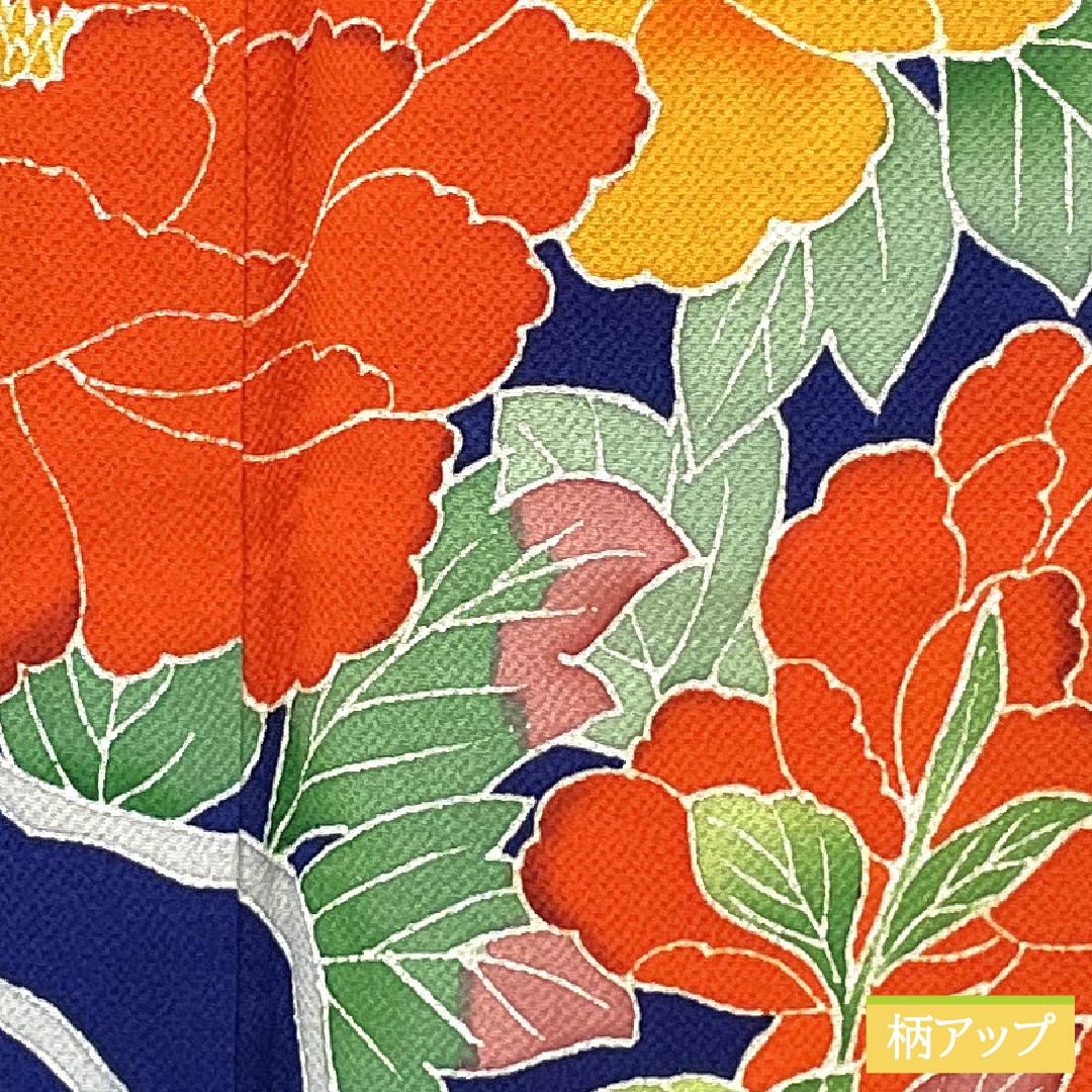 Furisode (long-sleeved kimono) made of pure silk, grade A, length 153cm, sleeve length 60.5cm, lined, stencil-dyed, featuring auspicious plum and chrysanthemum motifs on crepe fabric with layered collar, blue, product number 1113002233217