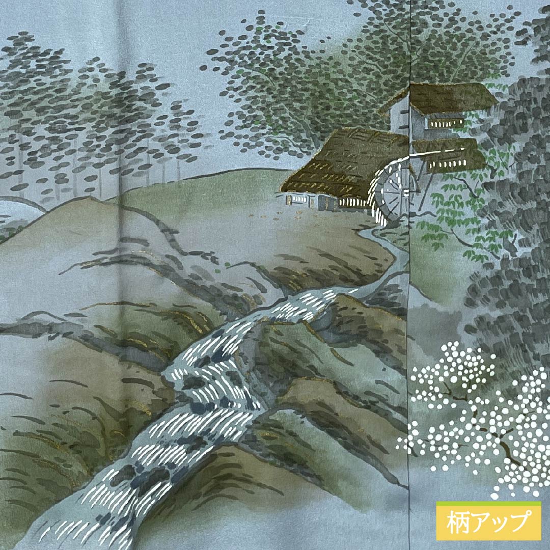 Men's Nagajuban (long under-kimono), Pure Silk, Grade A, Length 137cm, Sleeve Length 64.5cm, Oborohanairo (Oborohana Iro) with Landscape Painting, Single-layer, Light Blue, 1140000763324