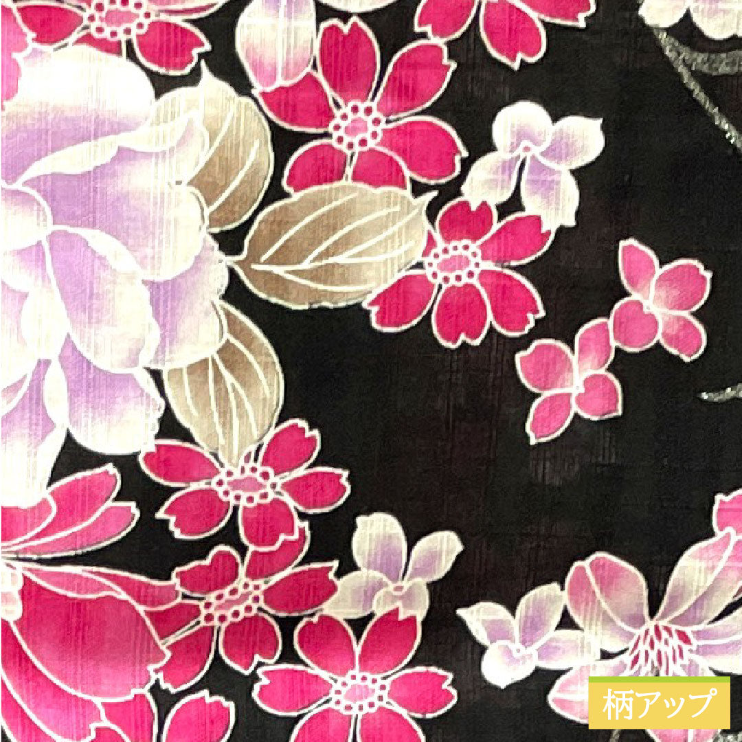 浴衣 木綿 身丈165.5cm 裄丈64.5cm Sランク 単衣 黒系 薔薇 桜 1118004512510