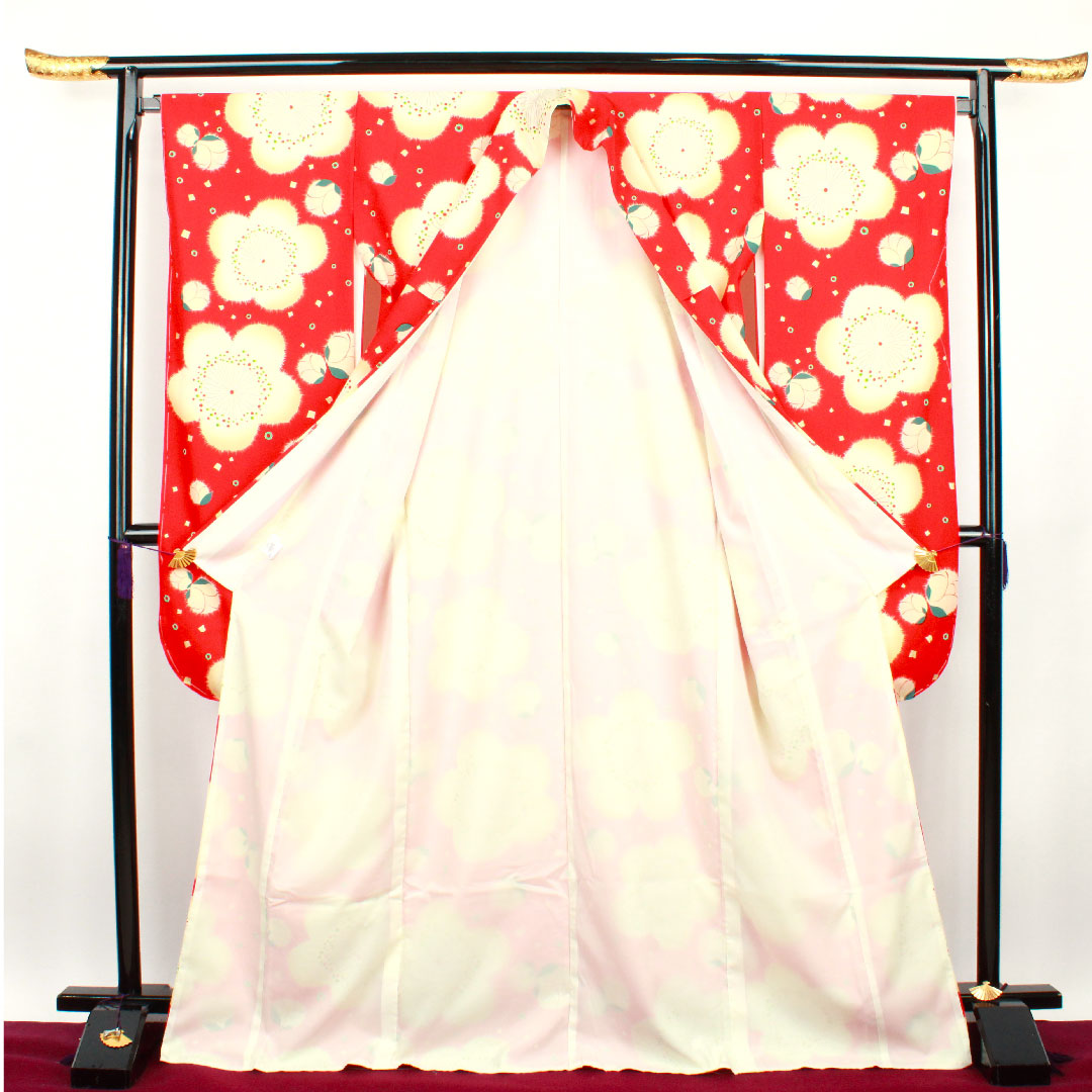 振袖 身丈171.5cm 裄丈67.5cm 袷 土耳古赤色 洗える着物 桜 ポリ Sランク 赤系 1113001082612