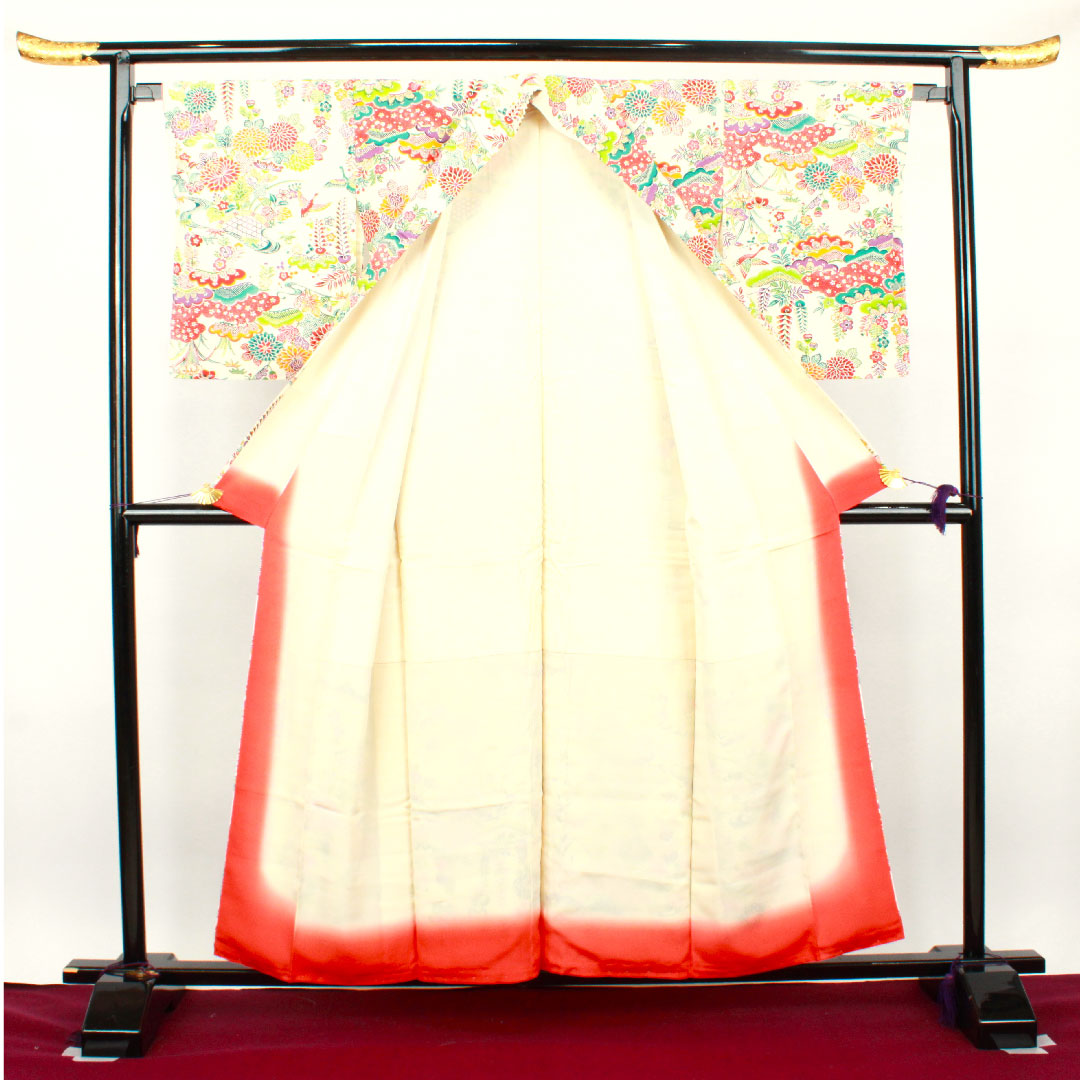 小紋 身丈156cm 裄丈62cm 袷 乳白色 型染 草花模様 正絹 Aランク 白系 1115002853311