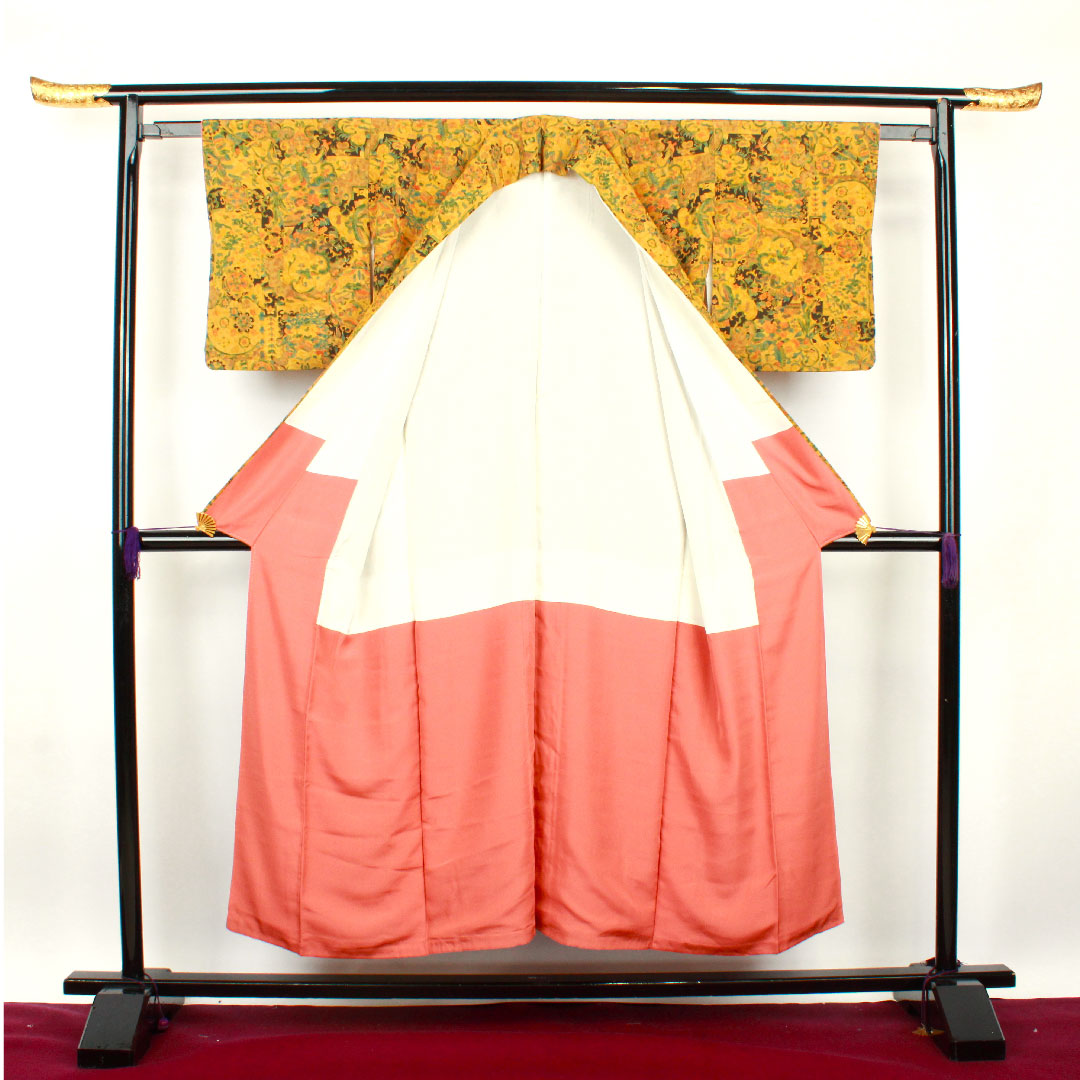 Komon, Length 151cm, Sleeve length 57cm, Awase, Ochre, Sarasa pattern, Pure silk, S rank, Yellow 1115002442223