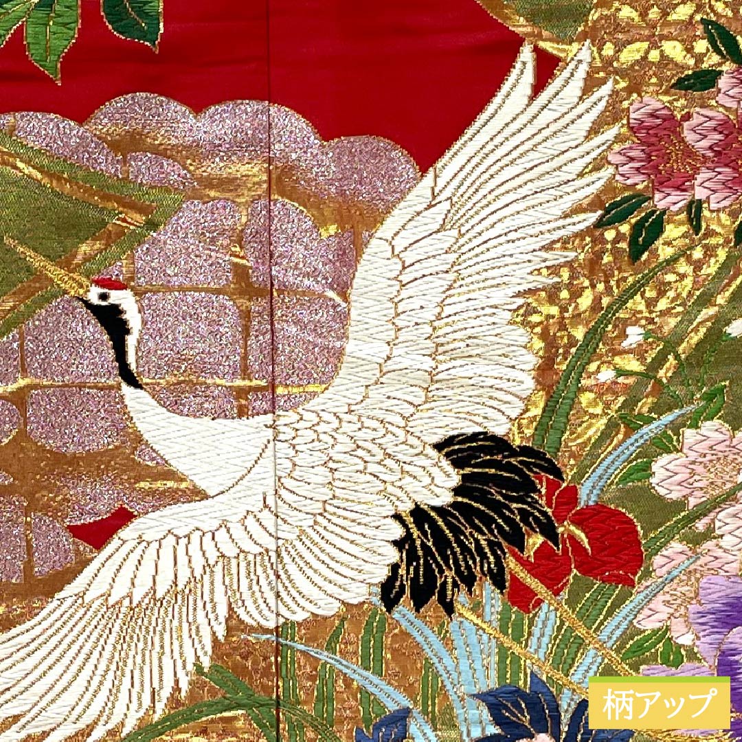色打掛 正絹 Sランク 身丈191cm 裄丈64cm 赤色(あかいろ) 唐織 吉祥文様 鶴 花車 袷 赤系 1110001062912