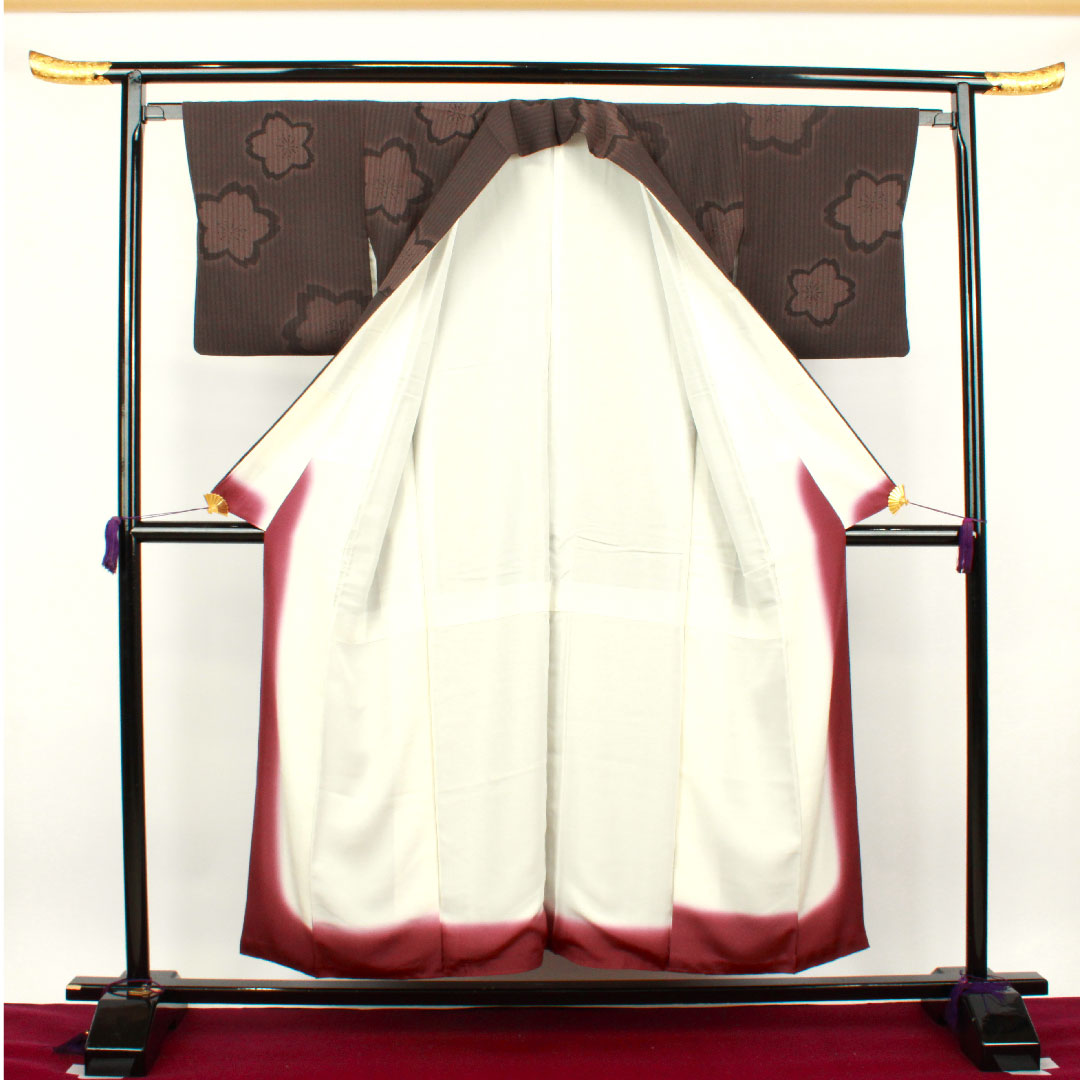 小紋 身丈154.5cm 裄丈62.5cm 袷 高田勝謹製 紅消鼠色 型染 桜 正絹 Sランク 茶系 1115002752214