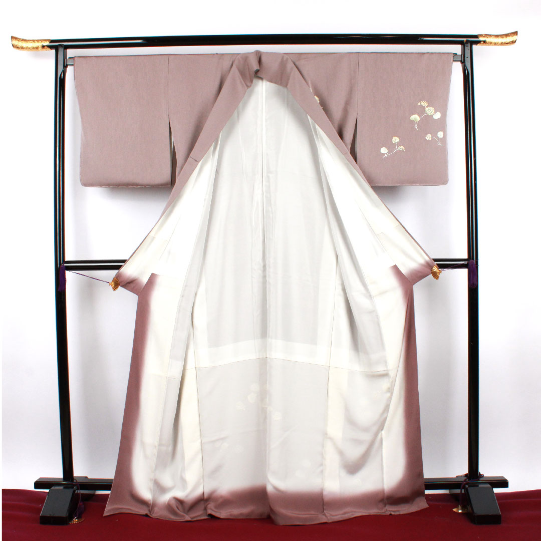 Homongi (formal kimono) Length 164cm Sleeve length 67cm Cherry gray Kyo-Yuzen Aoi Yin ring with thin medium sword Katabami Pure silk S rank Gray 1112001772422