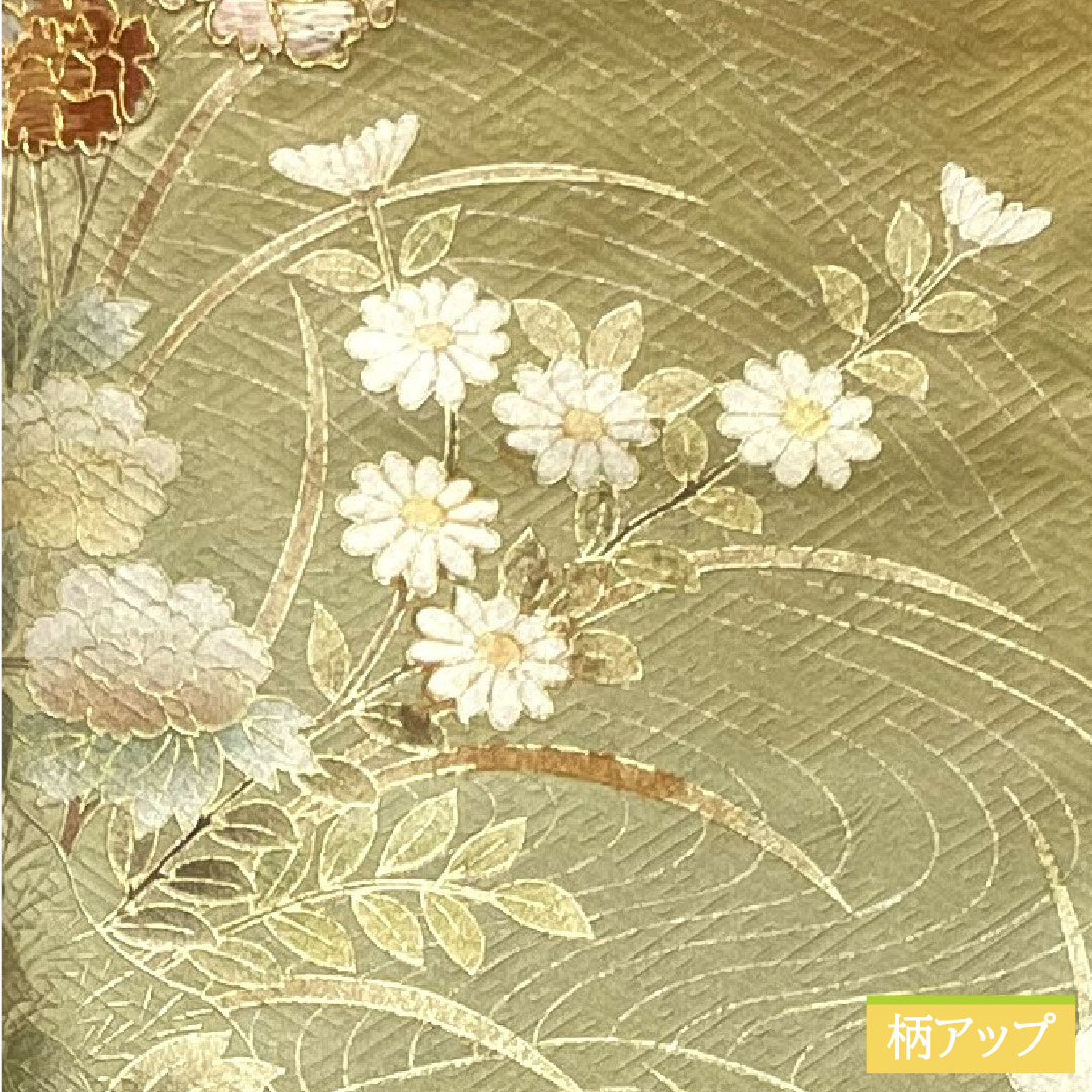 訪問着 袷 身丈162cm 裄丈65cm 唐金色 金彩加工 草花模様 正絹 Sランク 黄系 1112003922423
