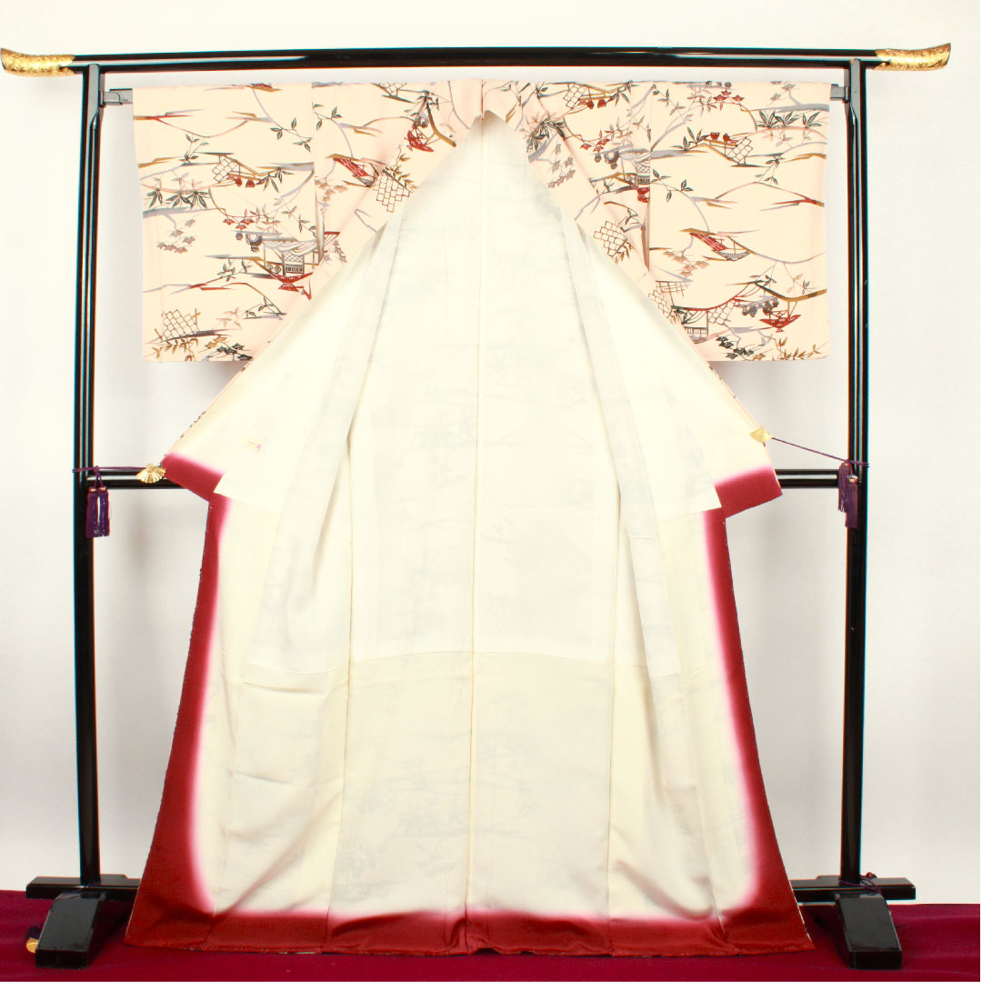Komon, Length 165.5cm, Sleeve length 66cm, Awase, Washed persimmon color, Stencil dyeing, Landscape pattern, Pure silk, A rank, Pink 1115002093513