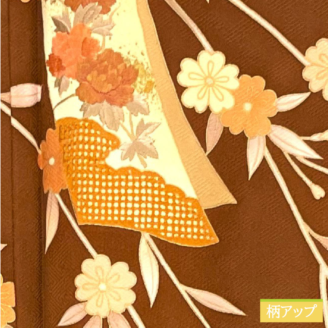 訪問着 正絹 袷 身丈163.5cm 裄丈63.5cm 海老茶色(えびちゃいろ) 京友禅 蘇州刺繡 汕頭刺繡 草花模様 しつけ糸付き Sランク 茶系 1112004432414