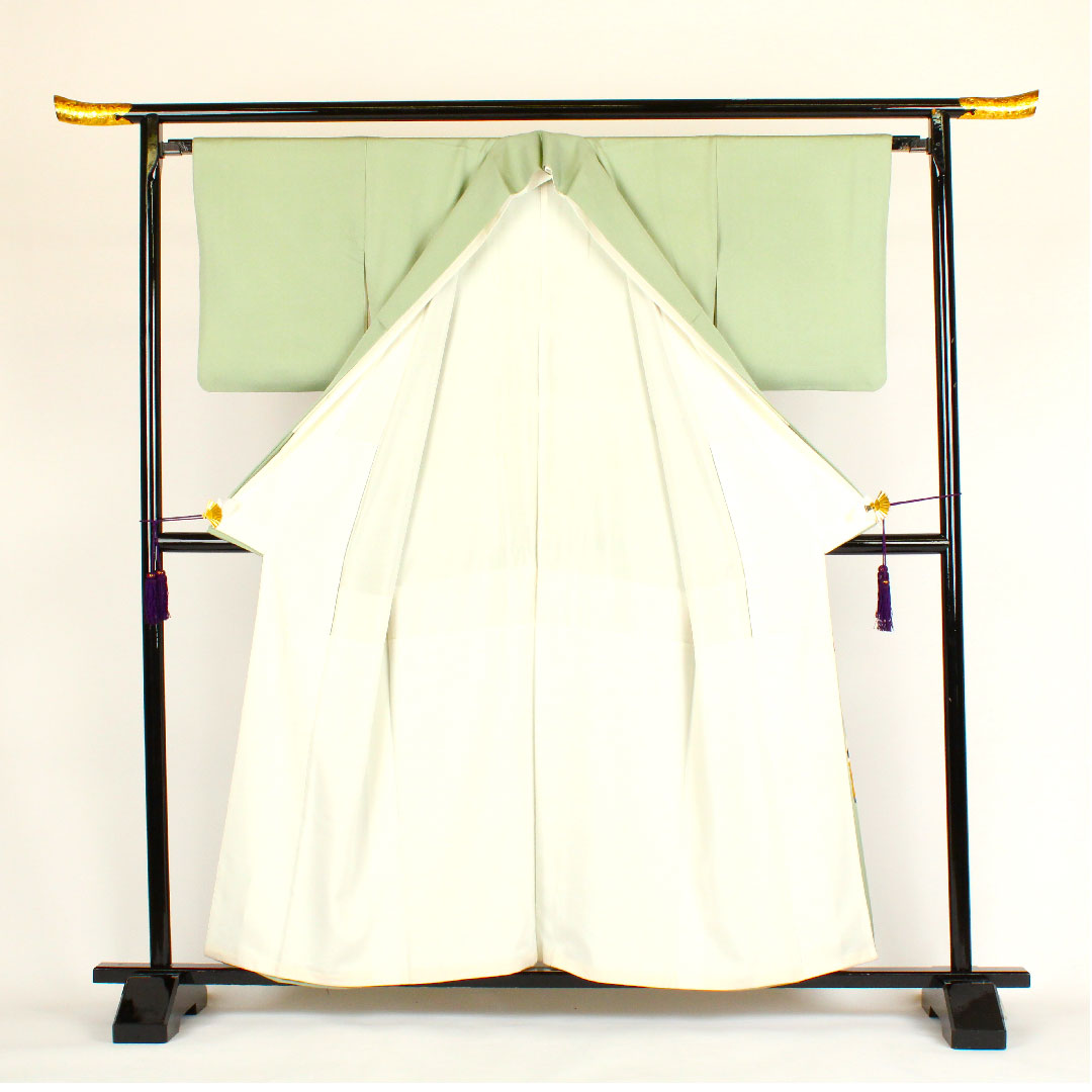 Colored Tomesode, Length 158cm, Sleeve Length 64cm, Awase, Daimyo Pattern, Pure Silk, A Rank, Three Crests, Green, 1111000123319