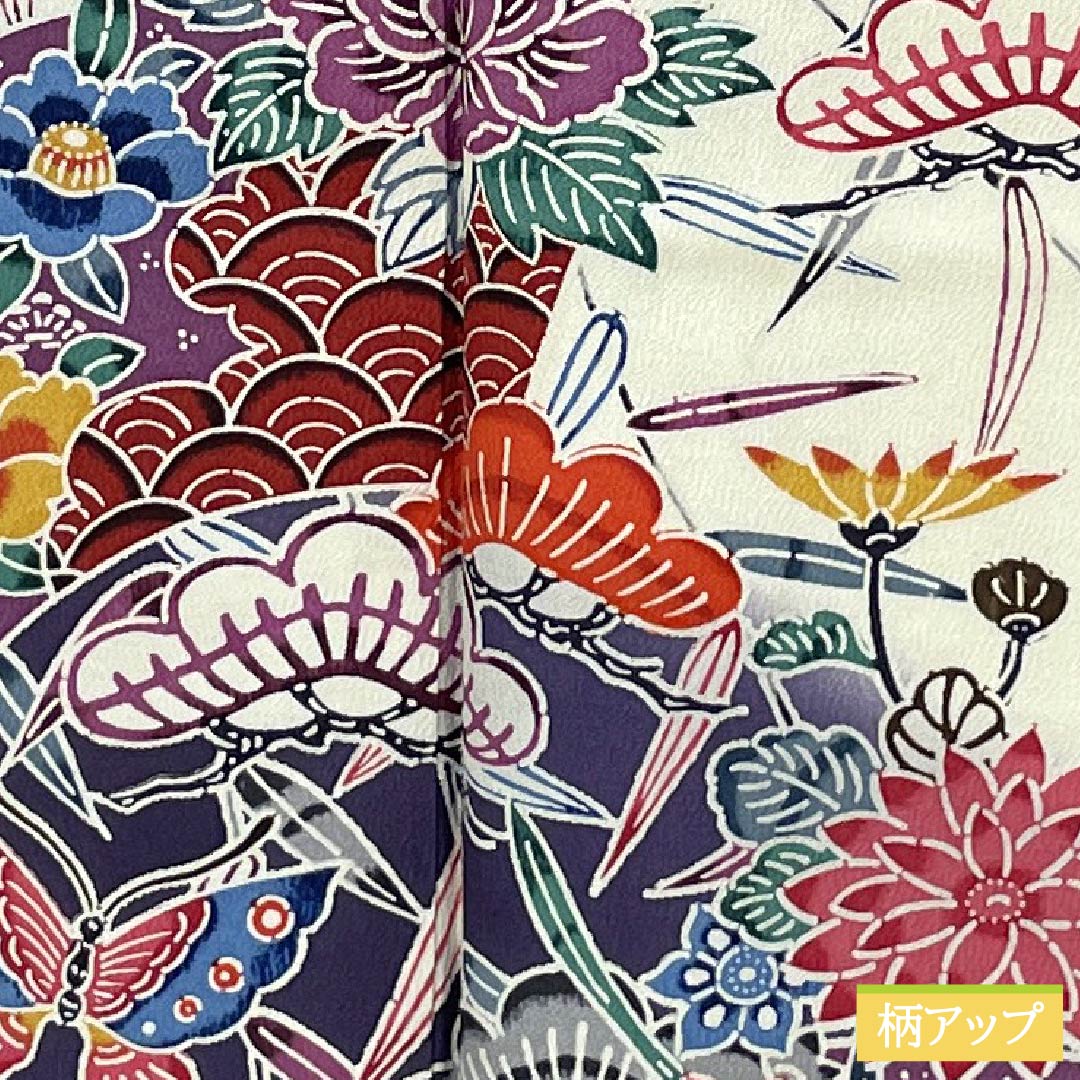 Homongi Silk A Rank Awase 155.5cm Length 62cm Sleeve-to-sleeve Deep Purple Kyo-Bingata Pine, Bamboo, Plum, Butterfly, Fan, Chrysanthemum Purple System 1112006403320
