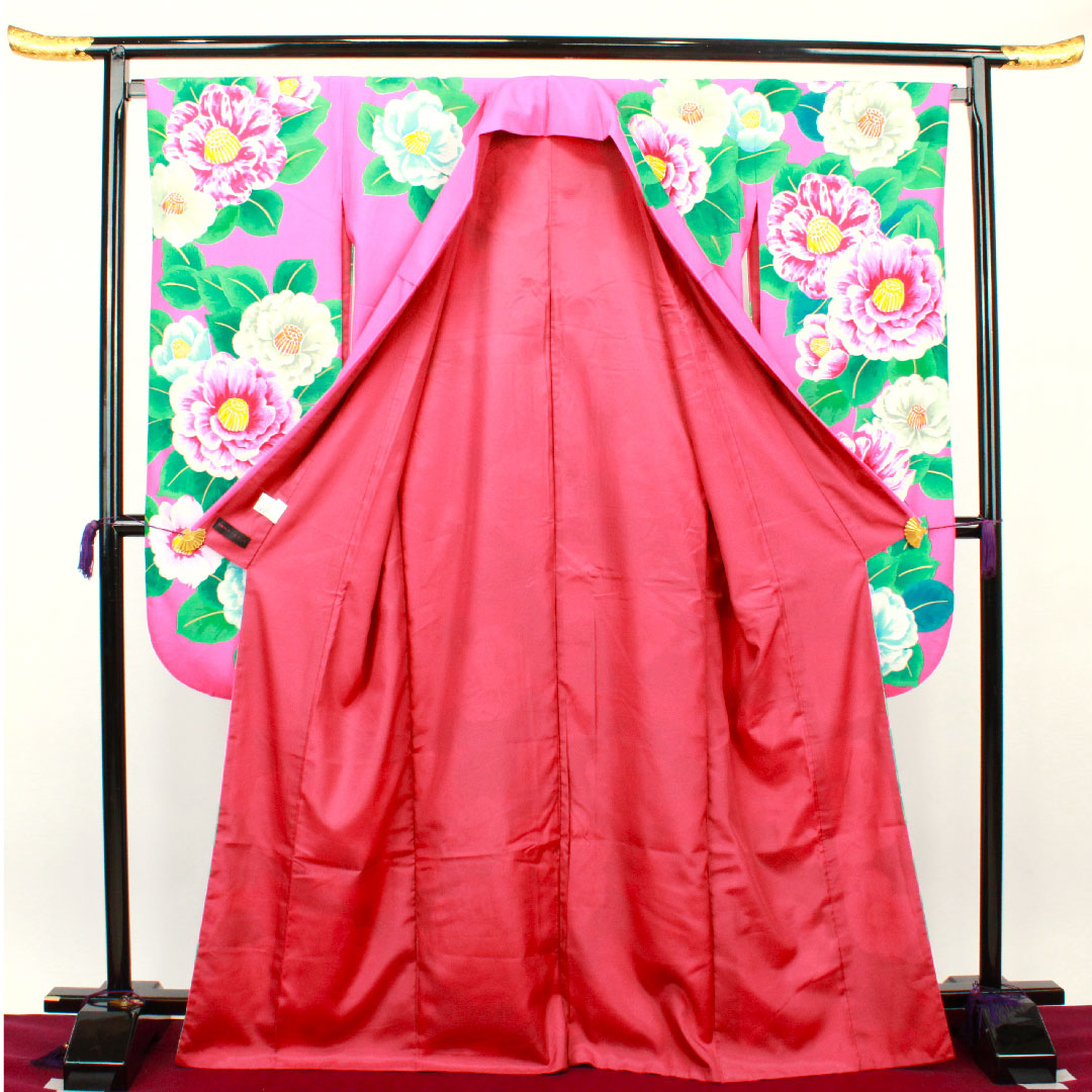 振袖 身丈169cm 裄丈67.5cm 袷 薔薇色 洗える着物 椿 ポリ Sランク ピンク系 1113001302513