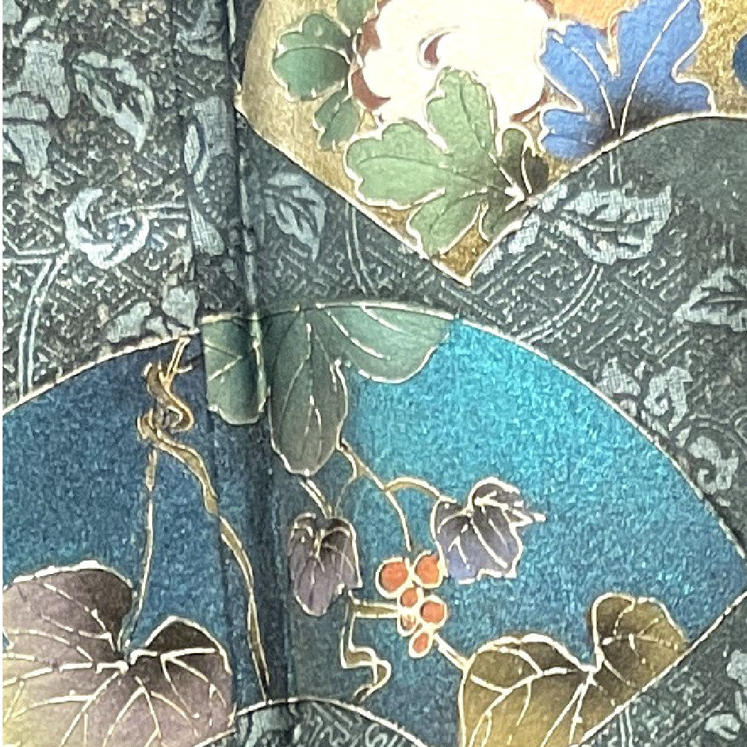 訪問着 袷 身丈154.5cm 裄丈66cm 錆納戸色 金彩加工 扇面 吉祥文様 正絹 Sランク 青系 1112002682217