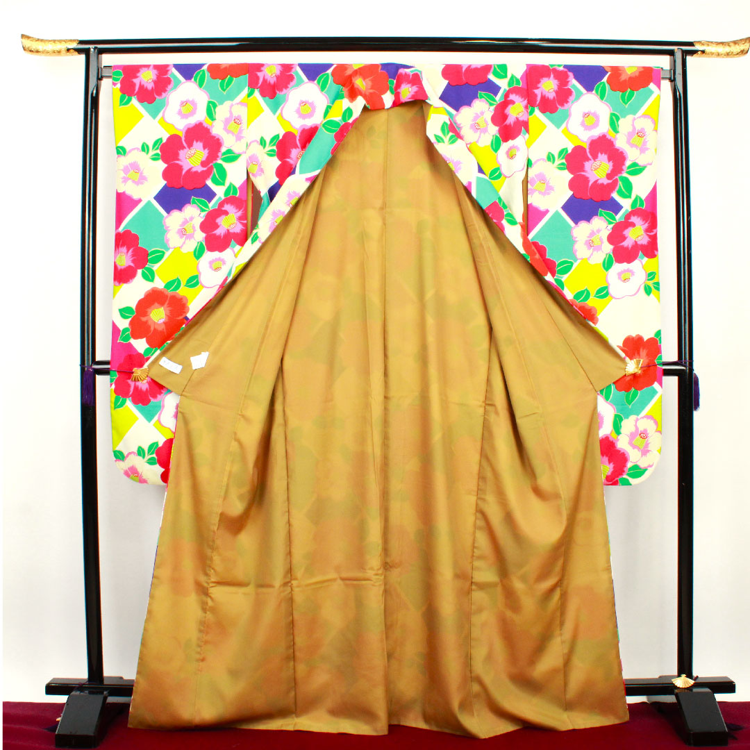Long-sleeved kimono, length 169cm, sleeve length 68cm, lined, washable, camellia, poly, S rank, gradation, 1113001132599