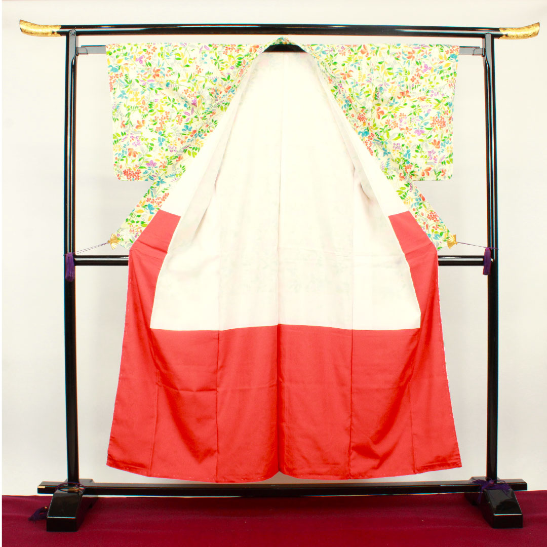 小紋 身丈155.5cm 裄丈60.5cm 袷 乳白色 洗える着物 草花模様 ポリ Sランク クリーム系 1115002632315