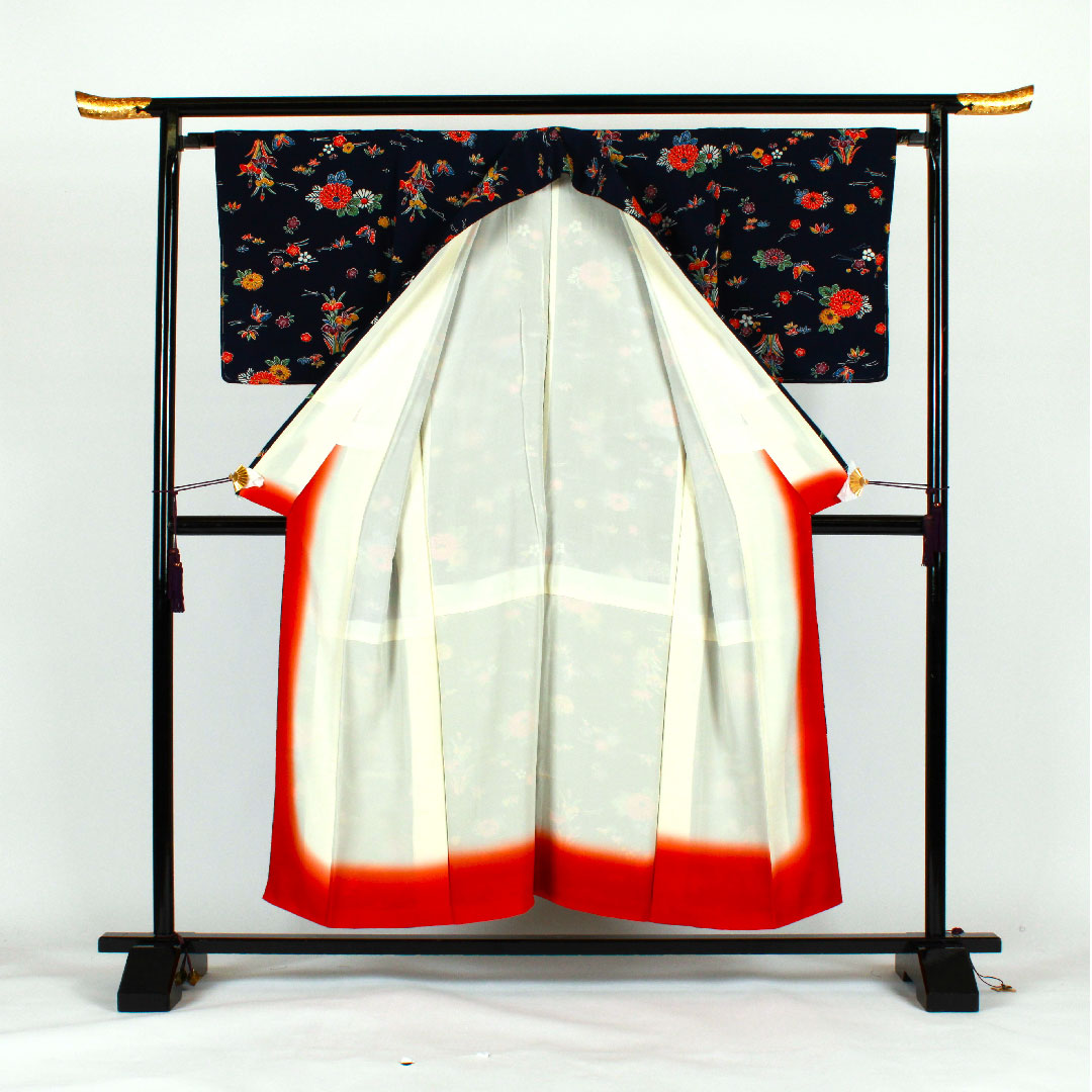小紋 身丈154cm 裄丈66cm 袷 型染 松竹梅 花模様 正絹 Aランク 紺系 1115001213218