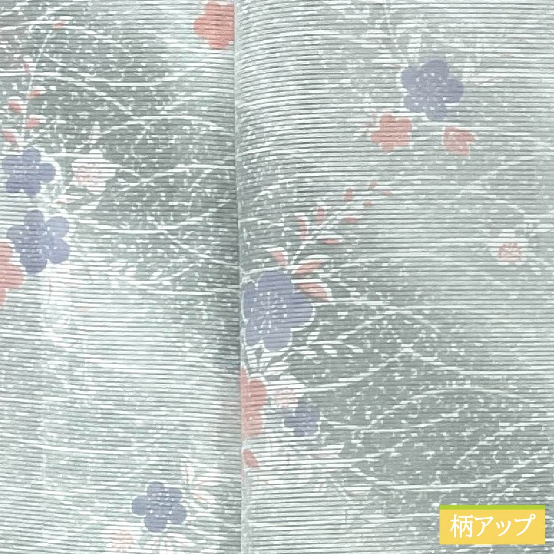 夏物 ポリエステル 小紋 Aランク 身丈153.5cm 裄丈62.5cm 青磁色(せいじいろ) 露芝 桜 洗える着物 絽 緑系 1132003373219