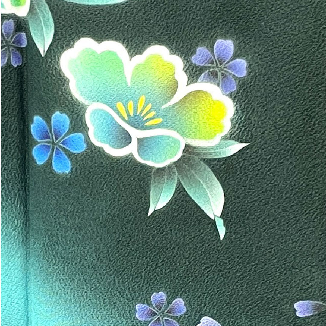 振袖 身丈165cm 裄丈70cm 袷 鉄色 京友禅 花模様 正絹 Aランク 緑系 1113001563519