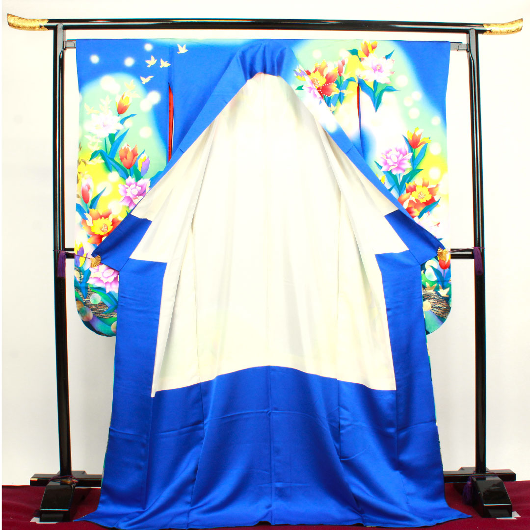 振袖 身丈176.5cm 裄丈64cm 袷 瑠璃色 花鳥模様 正絹 Bランク 紺系 1113001484818