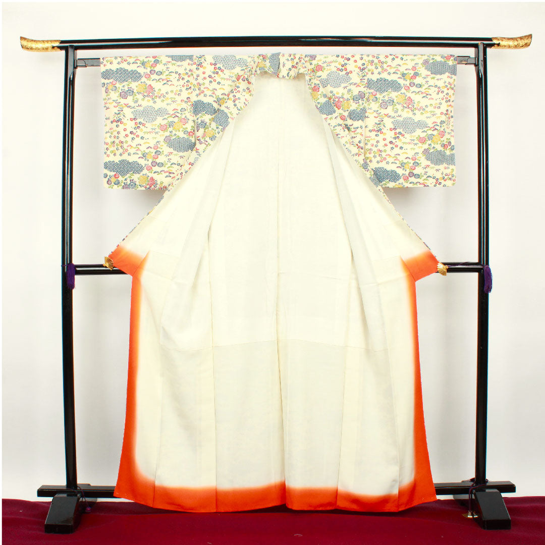小紋 身丈162cm 裄丈63cm 袷 鳥の子色 型染 草花模様 正絹 Sランク クリーム系 1115002382415