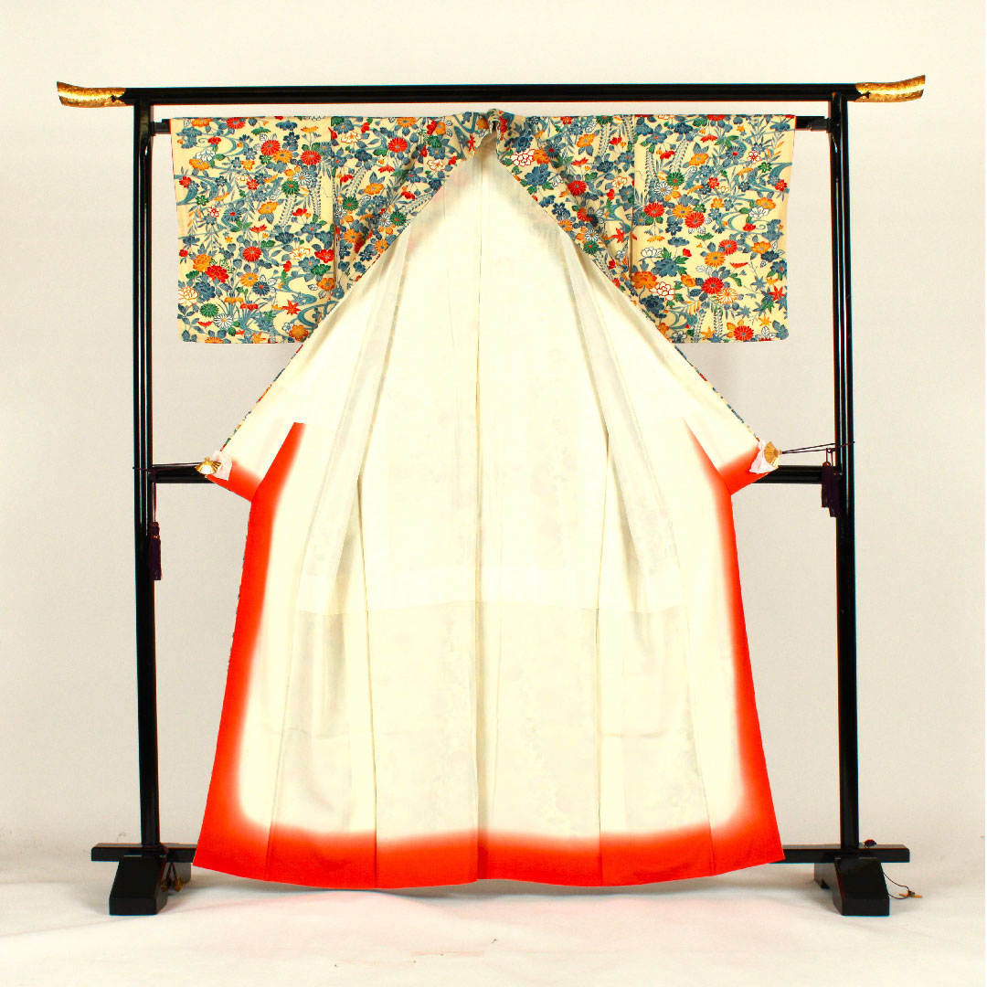 小紋 身丈163cm 裄丈66cm 袷 草花模様 ポリ Aランク クリーム系 1115001663415