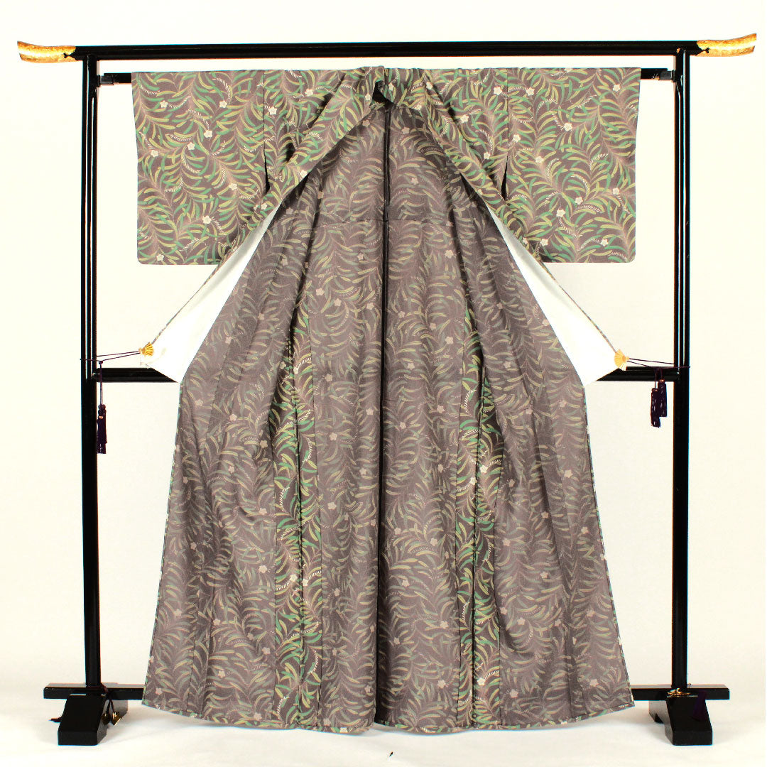小紋 身丈167cm 裄丈63.5cm 単衣 洗える着物 草花模様 ポリ Sランク グレー系 1115002002522