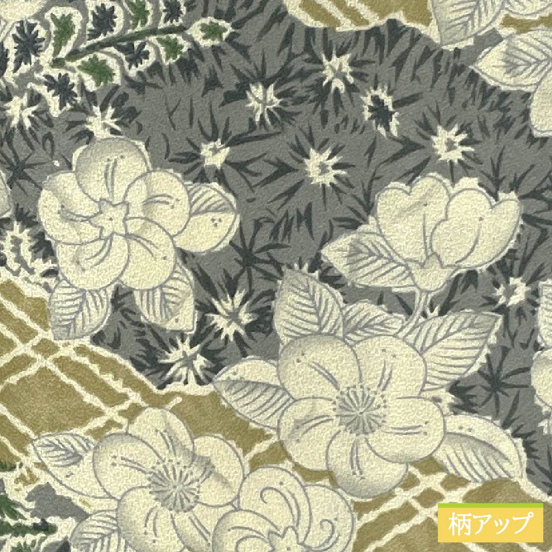Kimono (Komon style) polyester, S rank. Length 164cm, Sleeve-to-sleeve 67cm. Unlined. Rikyu-nezumi (grayish brown) color. Stencil-dyed with cloud and petal patterns. Washable kimono. Gray-tone. 1115008022422