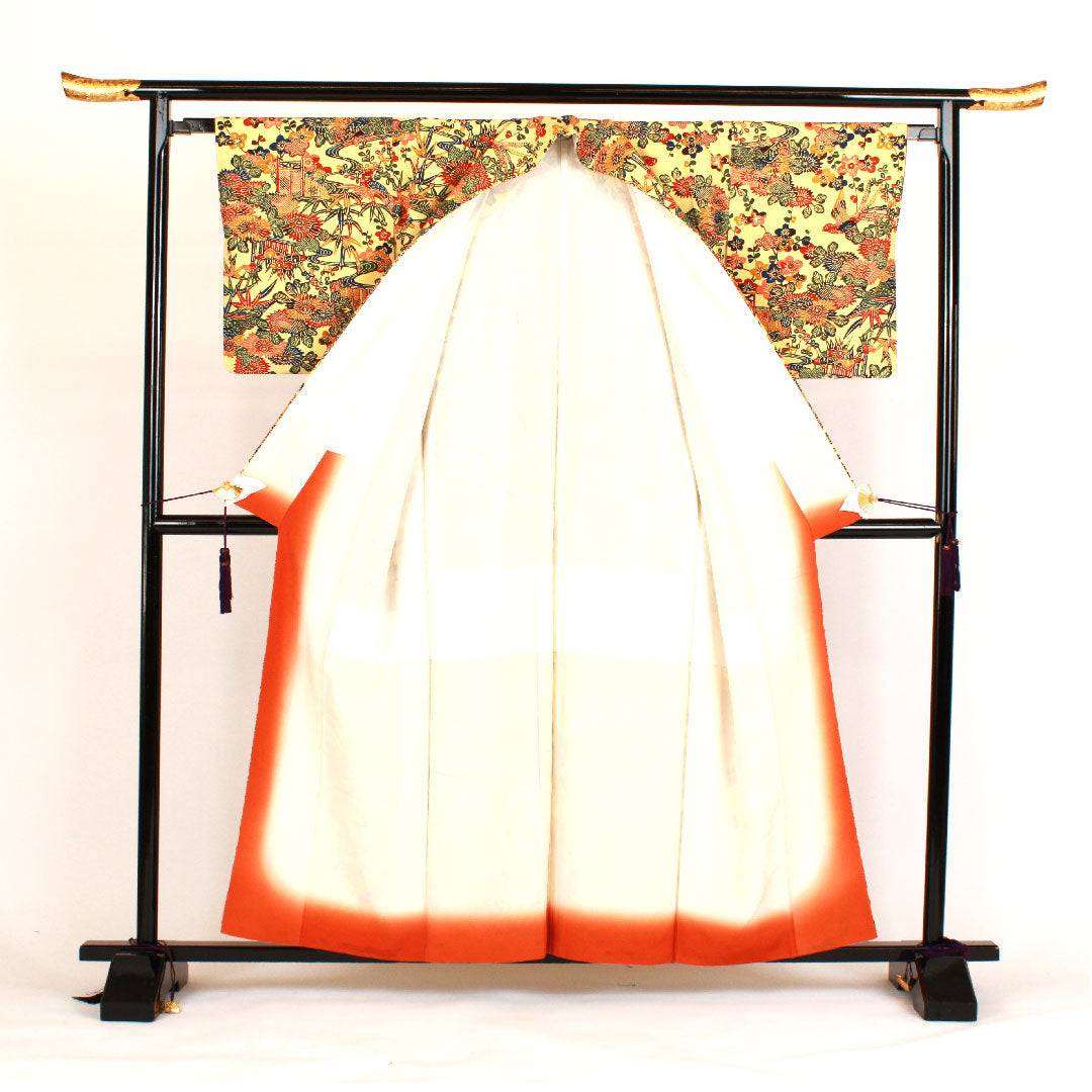 小紋 身丈158cm 裄丈65cm 袷 型染 紬地 正絹 Sランク 黄系 1115000502323