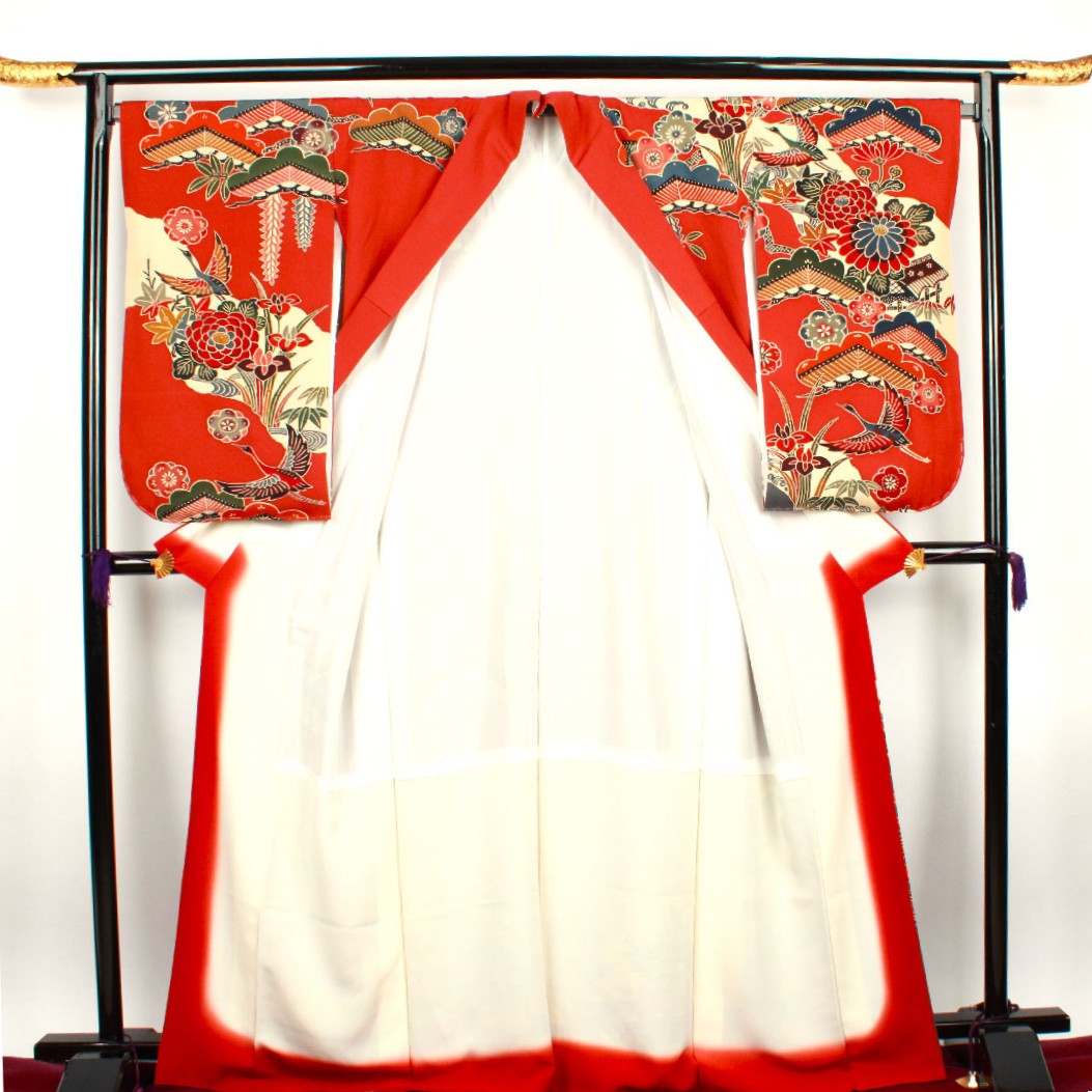 Long-sleeved kimono, length 168cm, sleeve length 67cm, lined, benigara color, Kyoto Bingata, small long-sleeved kimono, pure silk, S rank, red, 1113000852512