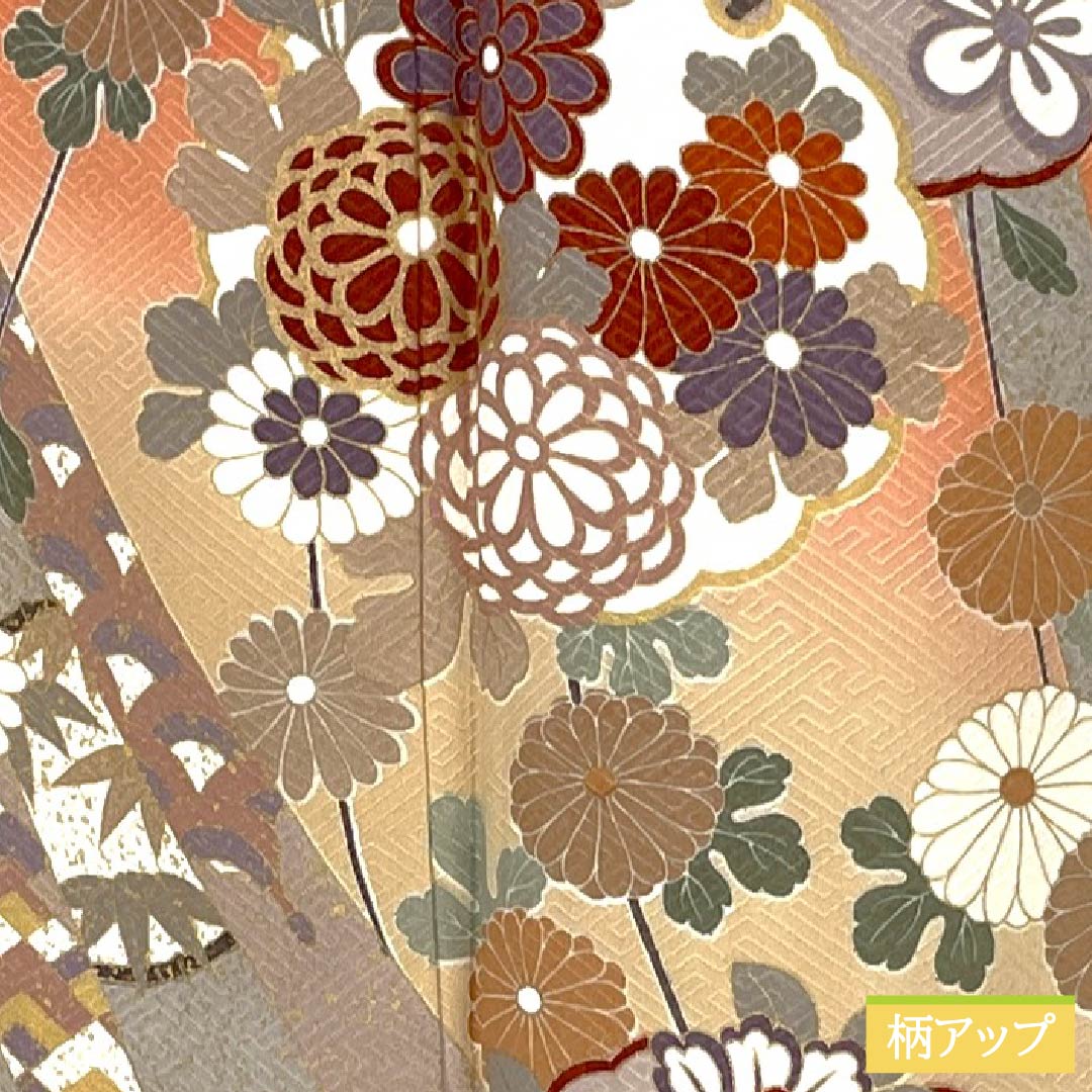 Visiting Kimono, Pure Silk, Grade A, Lined, Length 160.5cm, Sleeve Length 65.5cm, Pomegranate Red (Ryuhuahon-iro) Design, Kyoto Yuzen Pattern, Snow Circle, Chrysanthemum, Tachibana, Sayagata Pattern, Pink, Item Number: 1112006233413