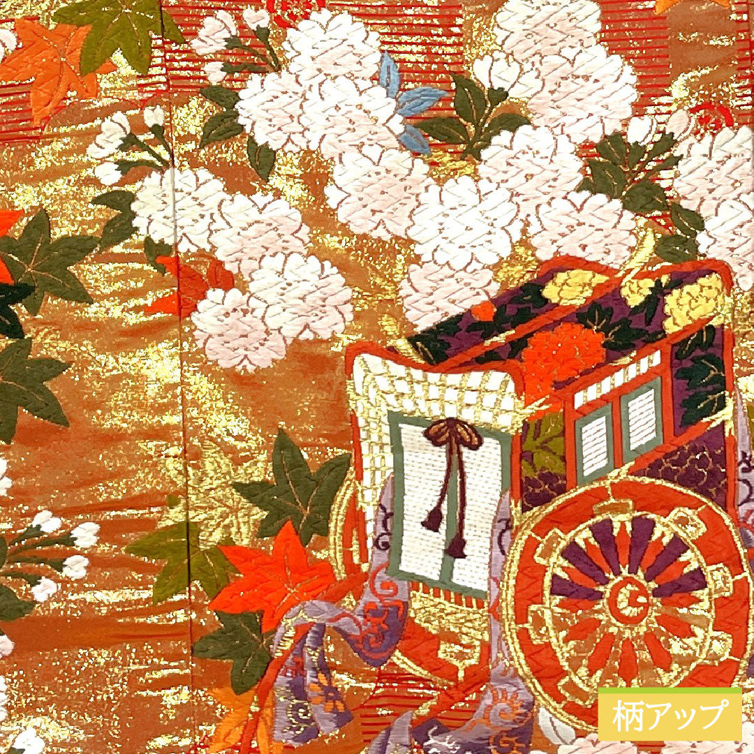 Iro-uchikake (colored kimono) made of pure silk, grade A, length 184cm, sleeve length 60.5cm, Karaori (Chinese weave) with butterfly and floral patterns, lined, vermilion, 1110001003916
