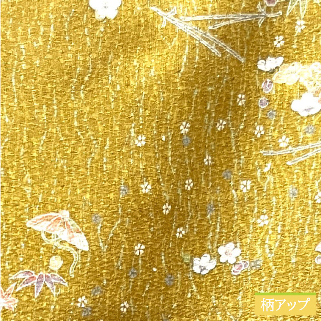Small pattern, polyester, length 170cm, sleeve length 66.5cm, lined, ochre, washable kimono, treasures, pine, bamboo and plum, with basting thread, unused, S rank, yellow, 1115003592623