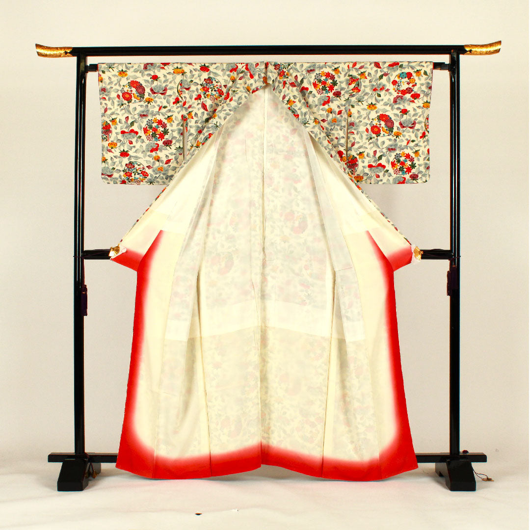 Komon, Length 164cm, Sleeve length 67cm, Lined, Stencil dyeing, Chrysanthemum, Floral pattern, Pure silk, A rank, White, 1115001223311