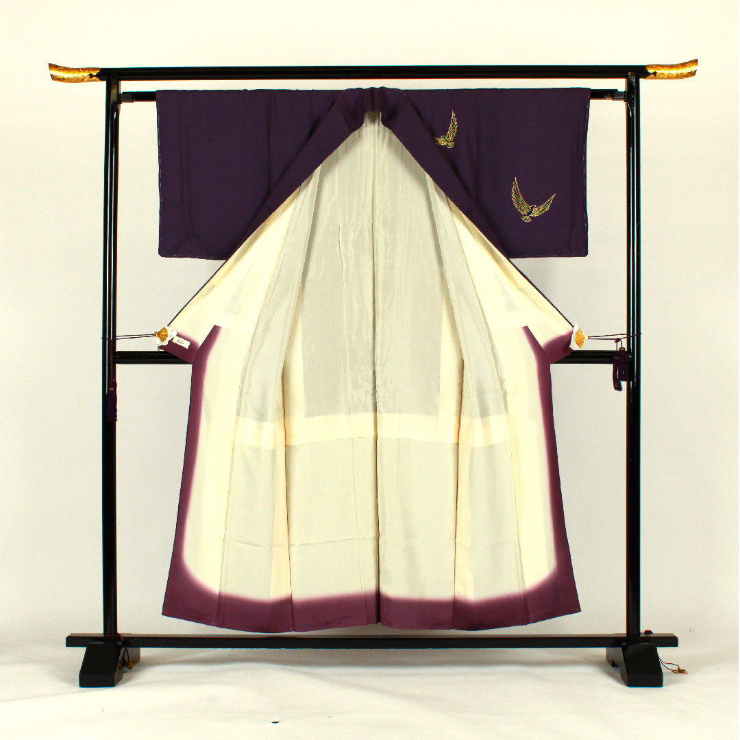 Homongi (formal kimono) Length 154cm Sleeve length 62cm Saito Sansai Kotobukiori Bird pattern Pure silk A rank Purple 1112000883220