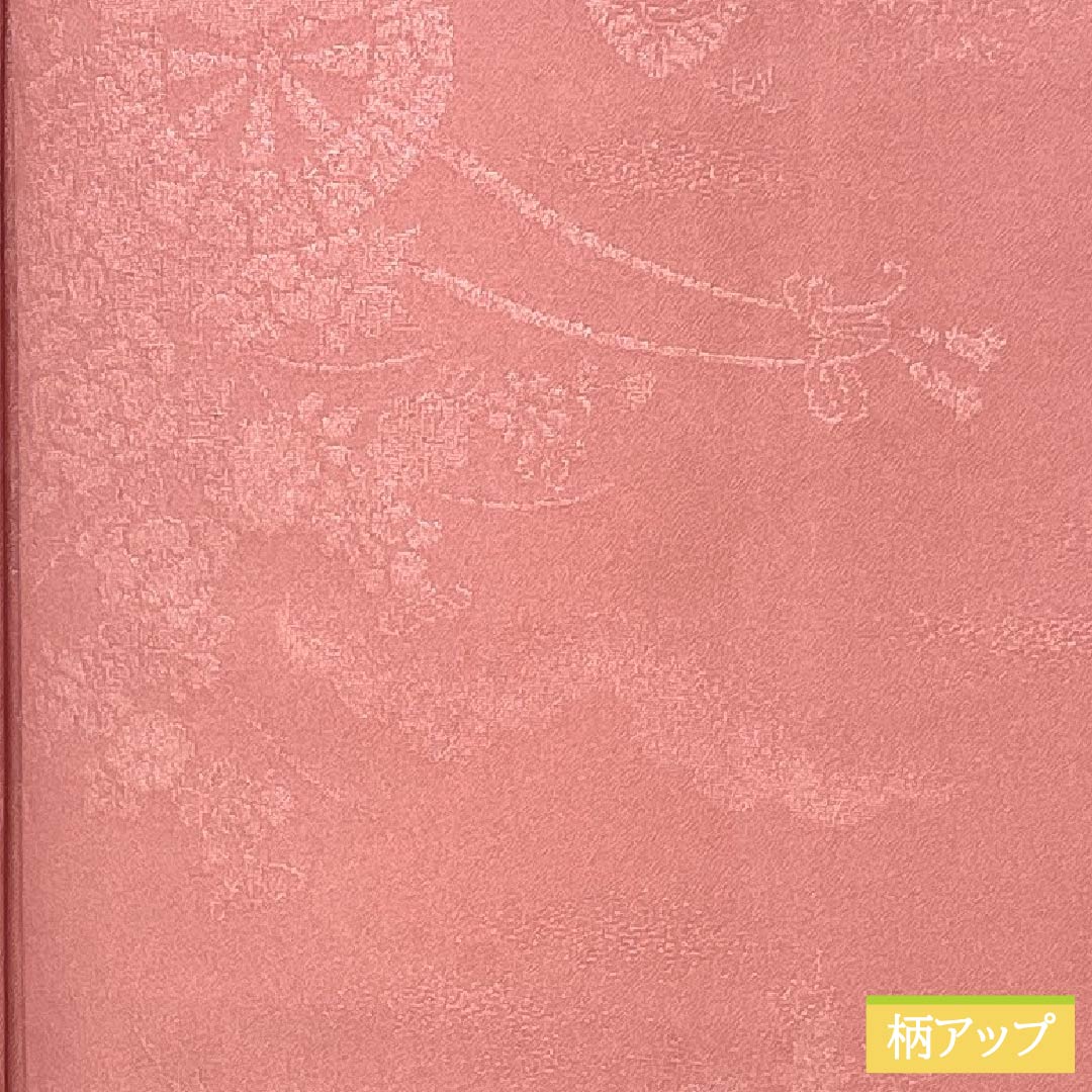 Solid-colored polyester kimono, length 157cm, sleeve length 64cm, single-layer plum-colored (hitoeumeiro) woven with silk brocade and featuring a flower cart, washable, lined, A-rank, pink, product number 1114002133313