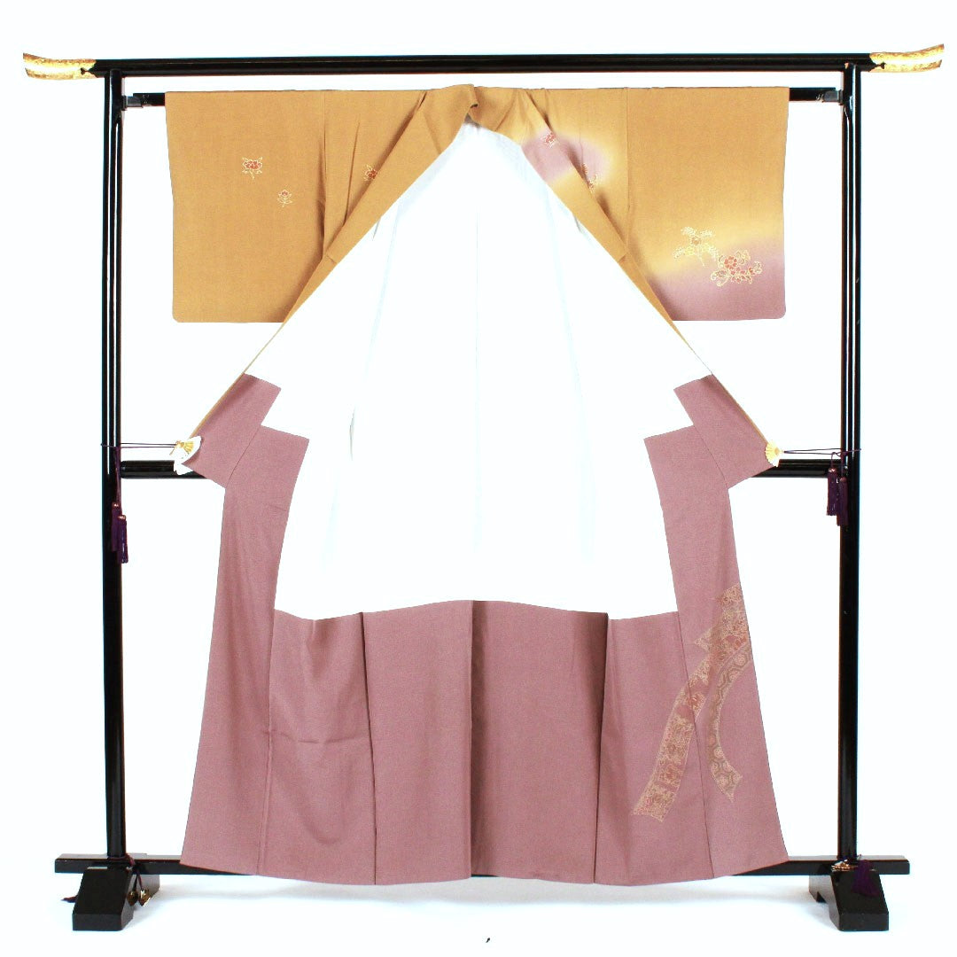 訪問着 袷 身丈159cm 裄丈62cm 汕頭刺繡 相良刺繡 黄土色 正絹 Aランク 黄系 1112001463323