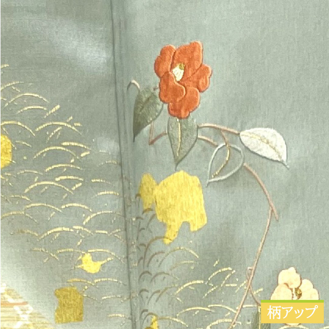 Homongi, pure silk, lined, length 154cm, sleeve length 65cm, Kyoto Yuzen, embroidery, A rank, green, 1112004123219
