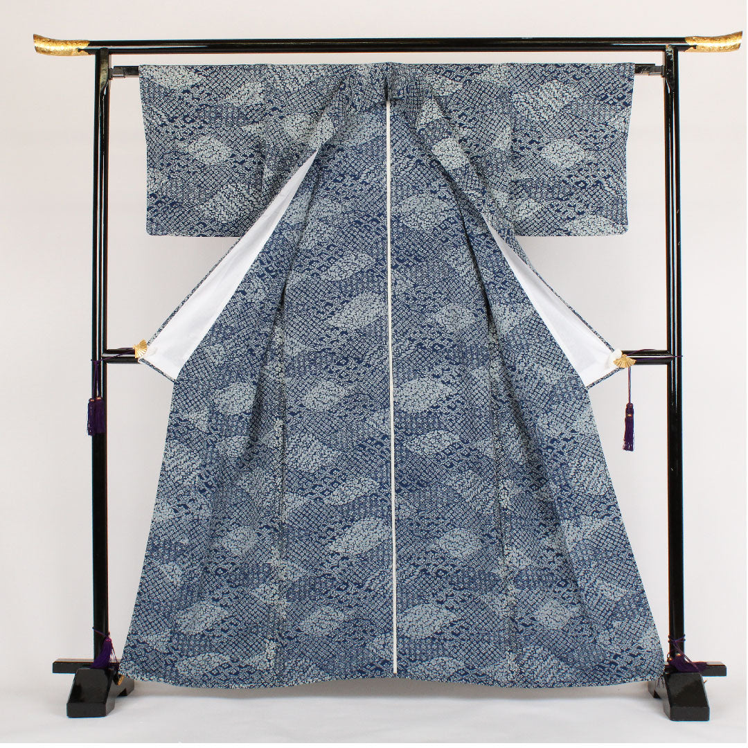 小紋 身丈162.5cm 裄丈64cm 単衣 花柄 正絹 Sランク 紺系 1115000162318