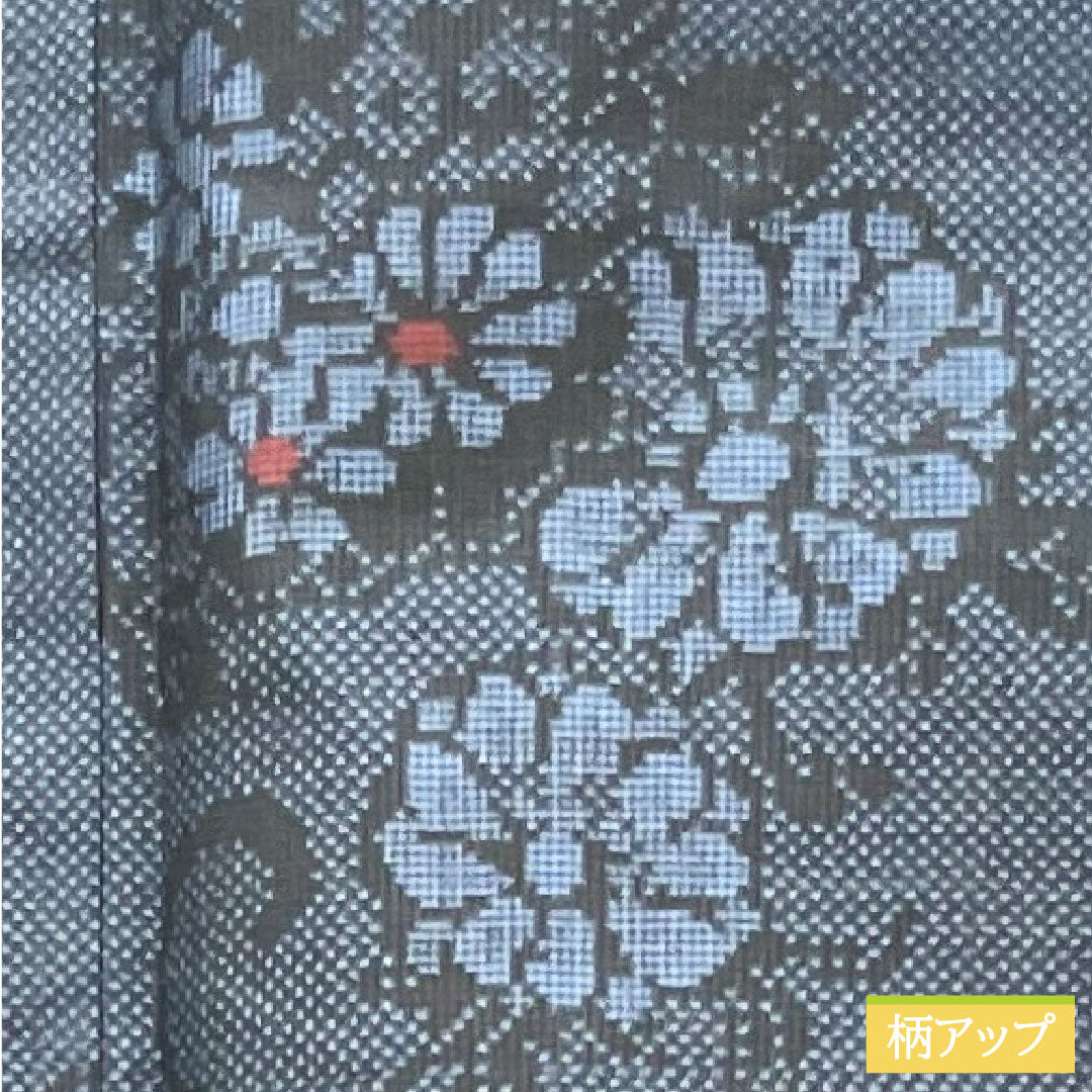 Tsumugi, pure silk, length 162.5cm, sleeve length 64cm, flower pattern, A rank, lined, navy blue, 1116003303418