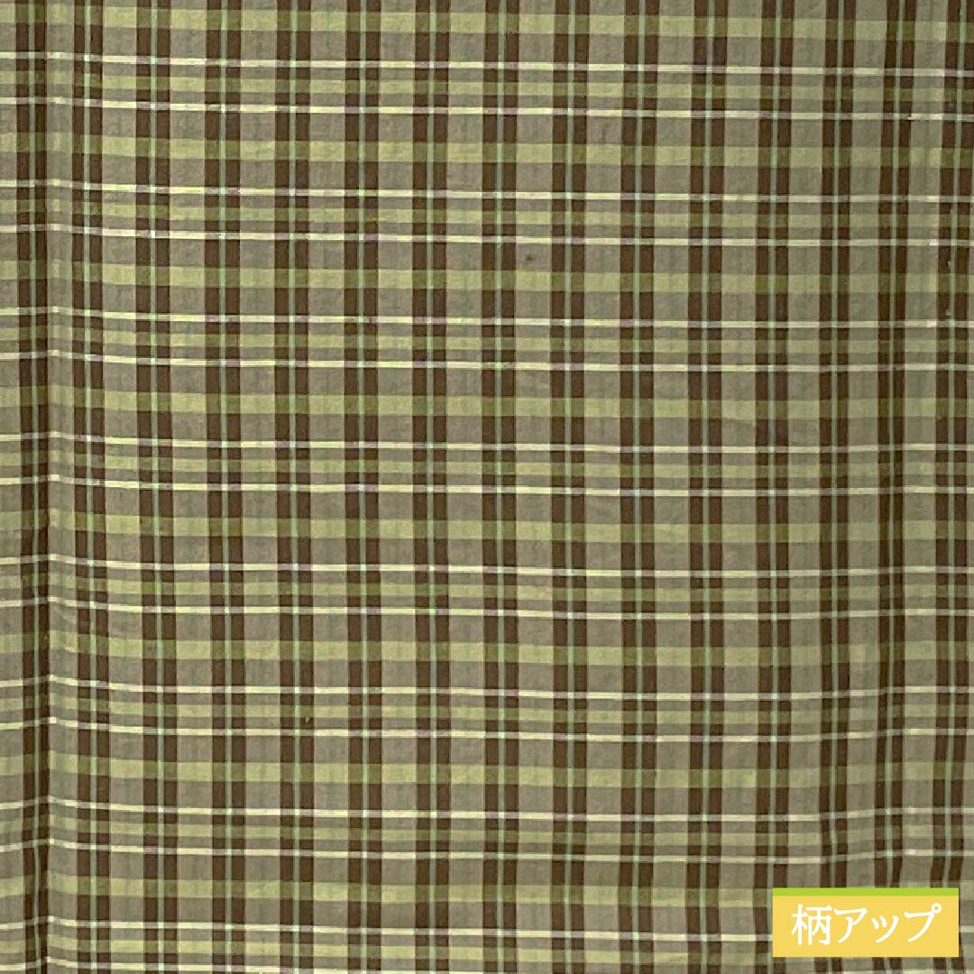 男物 木綿 Sランク 身丈148.5cm 裄丈68cm 利休生壁色(りきゅうなまかべいろ) 憲法茶色(けんぽうちゃいろ) チェック柄 内ポケット付き 単衣 緑系 1119001092419