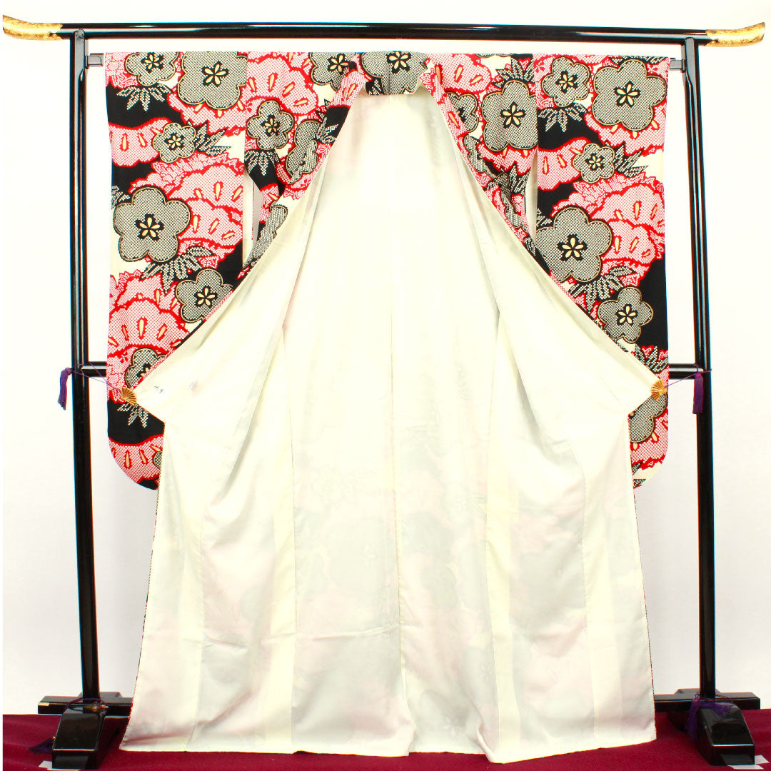 振袖 身丈170.5cm 裄丈67cm 袷 モノトーン 洗える着物 松竹梅 ポリ Sランク 黒系 1113001322610